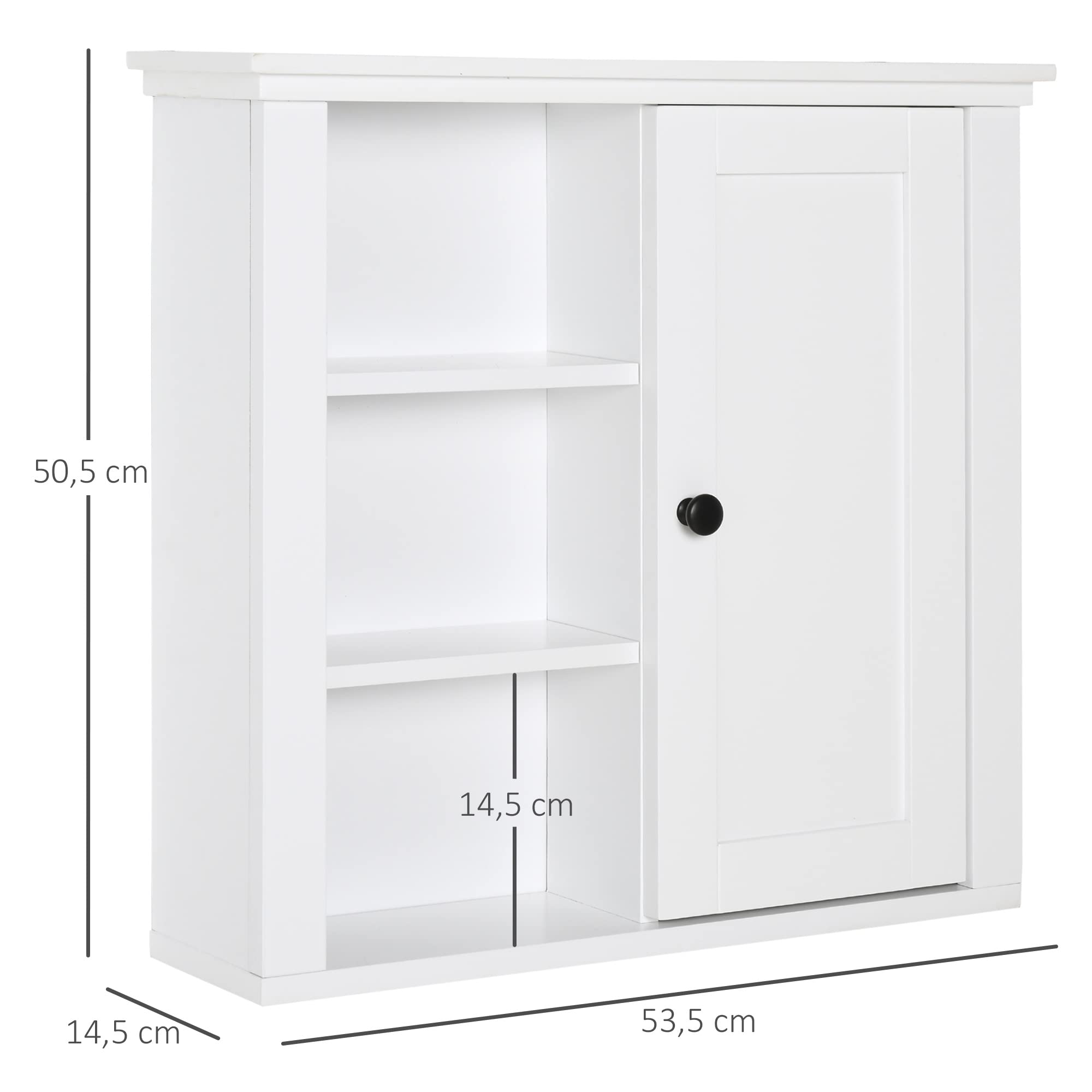 HOMCOM Armoire Murale de Salle de Bain Meuble Suspendu WC Placard 1 Porte 3 niches dim. 53L x 14,5l x 50,5H cm en Bois Blanc