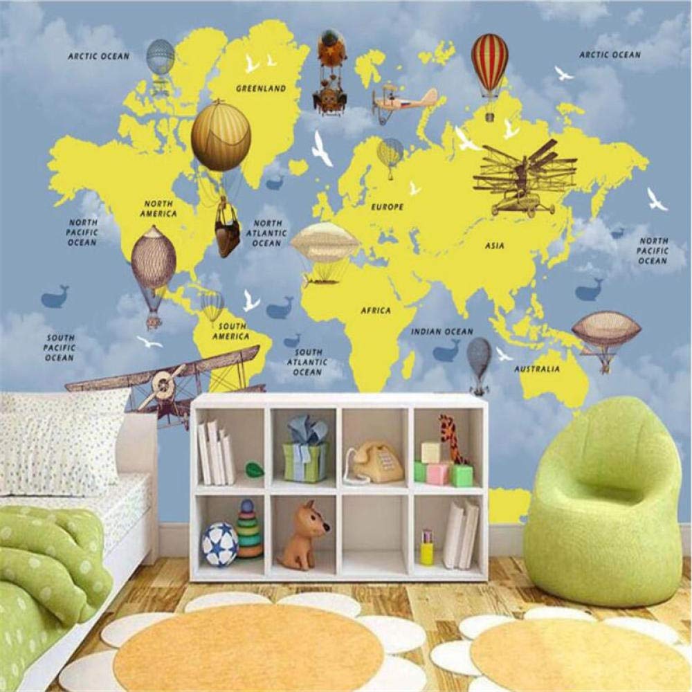 Personalizzato Cartone Animato Mongolfiera Aerei Mappa Del Mondo Sfondo Murale Sfondi Per Camera Dei Bambini Camera Dei Bambini Decor Carta Da Parati 3D 430Cm(W)×300Cm(H)