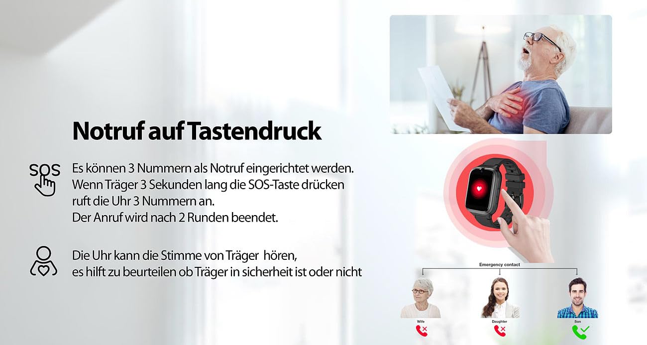 simvalley MOBILE Notruf Uhr mit SIM-Karte: 4G/LTE-Senioren-GPS-Handy-Uhr mit Garantruf Easy und Video-Telefonie (Senioren Smartwatch mit SIM-Karte, Handyuhren, Telefon)