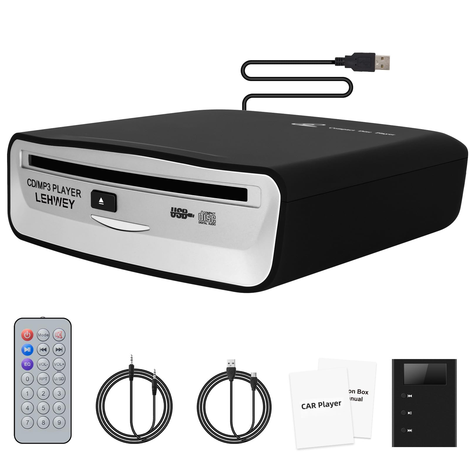 External Universal CD Player for Car - Portable CD Player with Extra USB Extension Cable, Plugs into Car USB Port, Laptop, TV, Mac, Computer, for Android 4.4 and Above Navigation