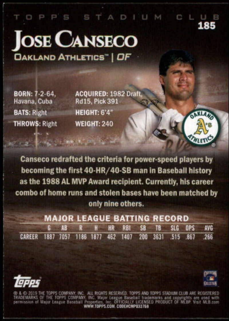 Amazon.com: 2019 Topps Stadium Club #185 Jose Canseco Oakland Athletics MLB  Baseball Trading Card : Collectibles & Fine Art