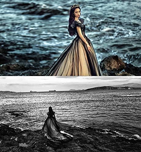 Kivary Women Off The Shoulder Long Gothic Black V Neck Tulle Evening Prom Dress - Image 3