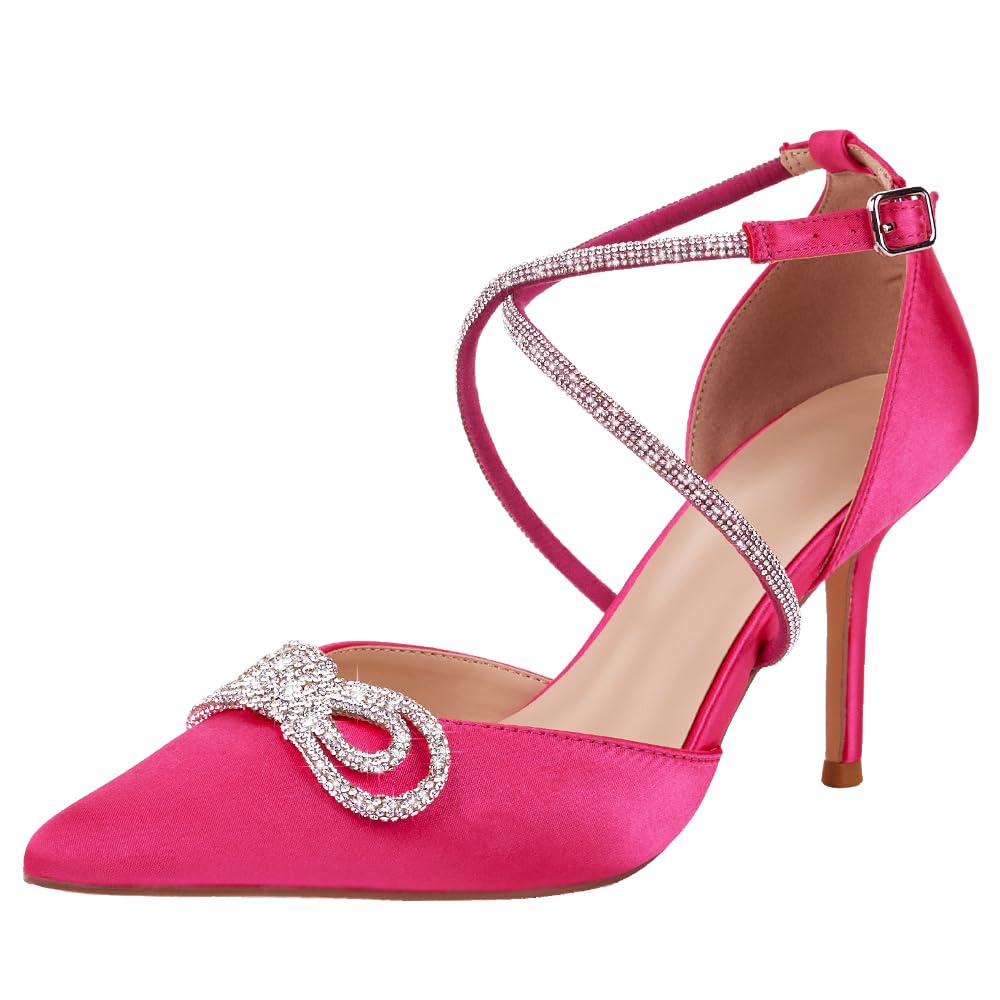 Fingertip BalletWomen's Rhinstones Bow Heels Closed Toe Strappy Pumps Crisscross Kitten Sandals Wedding Bridal Party Dress Shoes