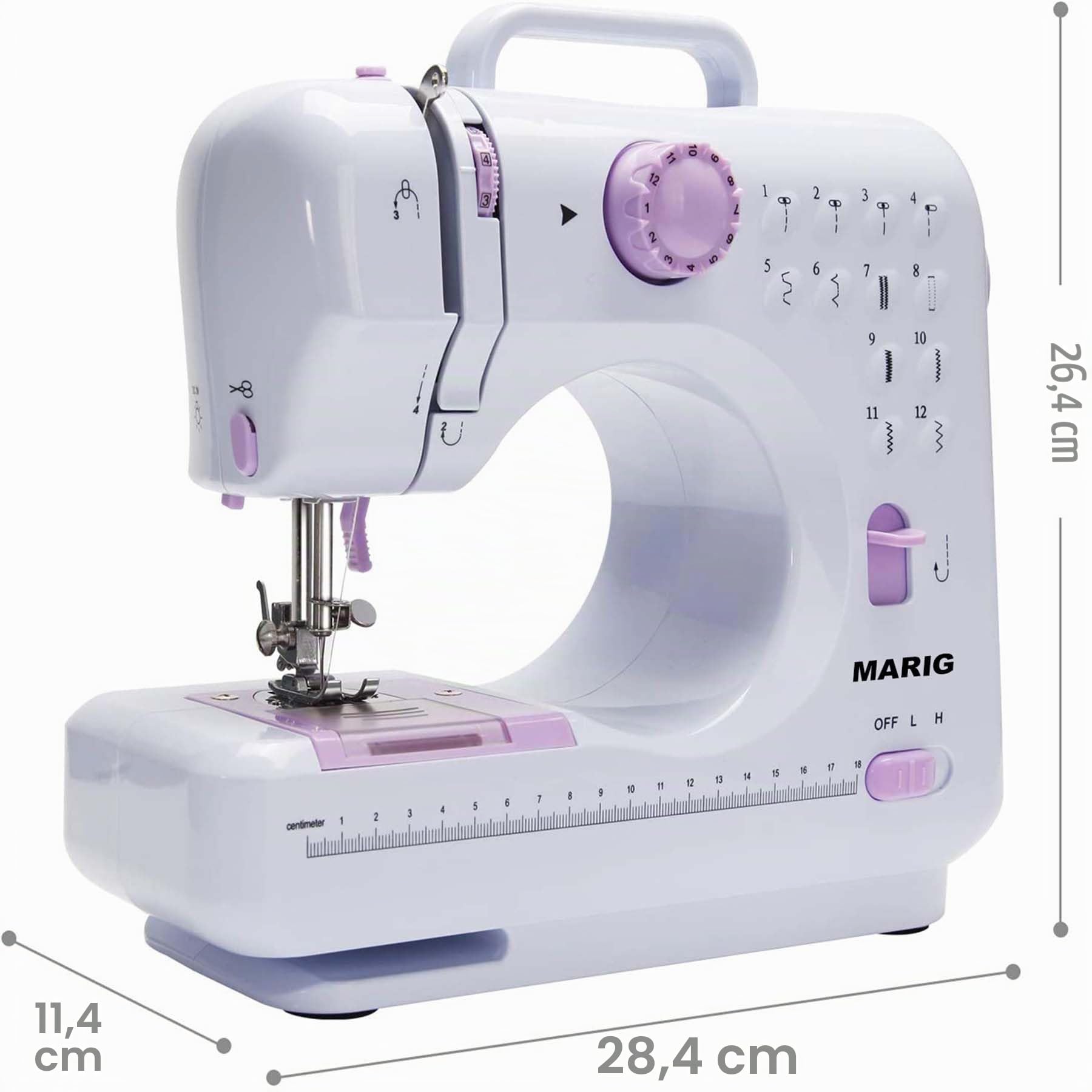 MARIG Machine à coudre pour débutants et enfants, machine à coudre à pédale, 12 points intégrés, manuel en 5 langues,