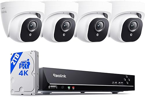REOLINK Sistema de cámara de seguridad 4K, 4 cámaras de torreta con cable H.265 PoE con detección de vehículos personales, 4K/8MP 8CH NVR con disco