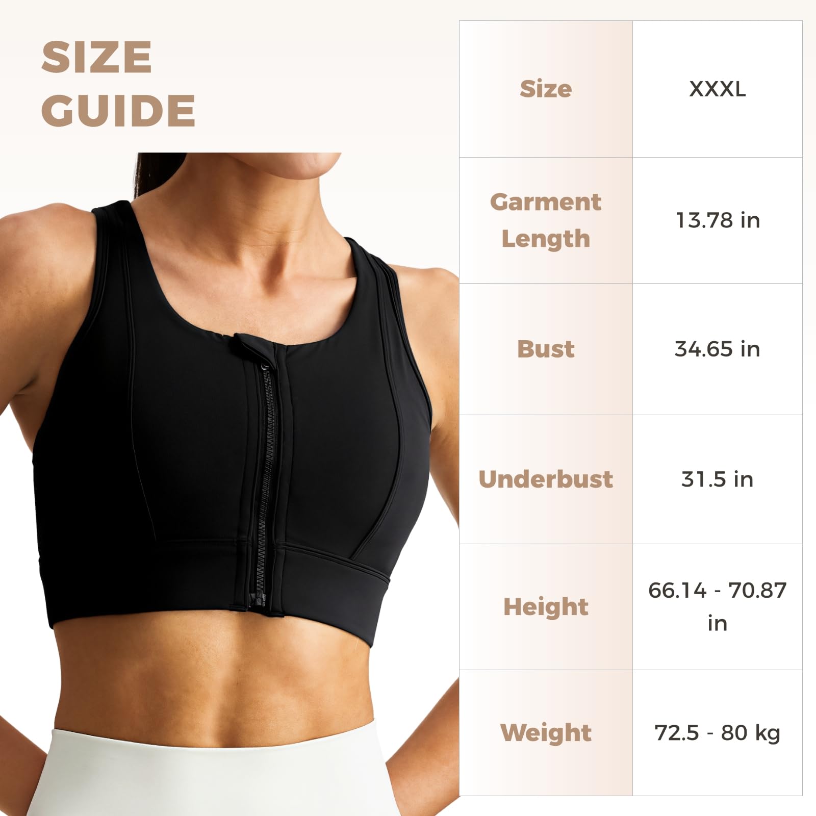 Biustonosz sportowy z zapięciem na zamek błyskawiczny z przodu, dla kobiet, spandex + wysoce elastyczny nylon, szerokie ramiączka i bezszwowa konstrukcja, Xxxl, idealny do dużych rozmiarów