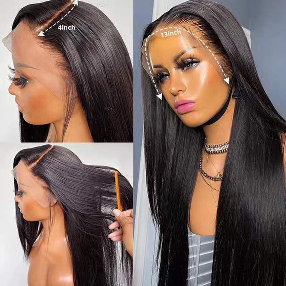 Miss Flower 30Inch 305g Ultra-thin Invisible SKINLIKE HD Full Frontal Wigs Human Hair 250 Density Large Lace Space 13x4 Straight Lace Front Wigs Human Hair Pre Plucked Tiny Knots For Black Women