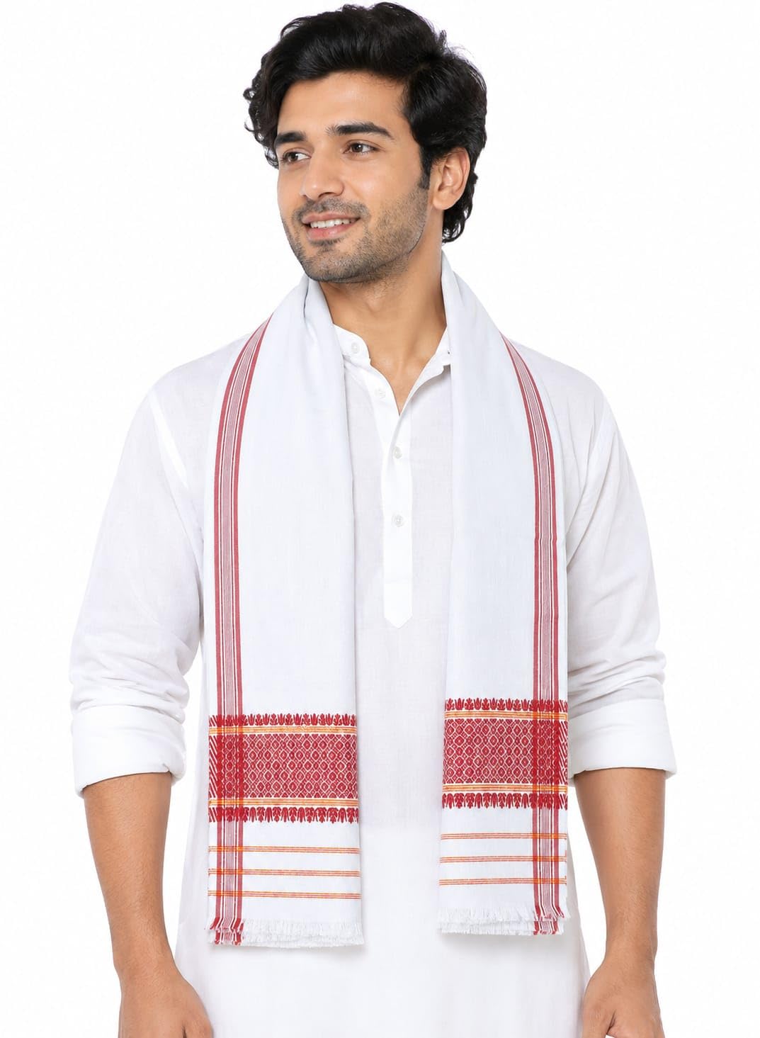 Men's Traditional White Stole with Red Woven Border, Cotton Gamcha Scarf, Ethnic Head Neck Wrap-picture-37