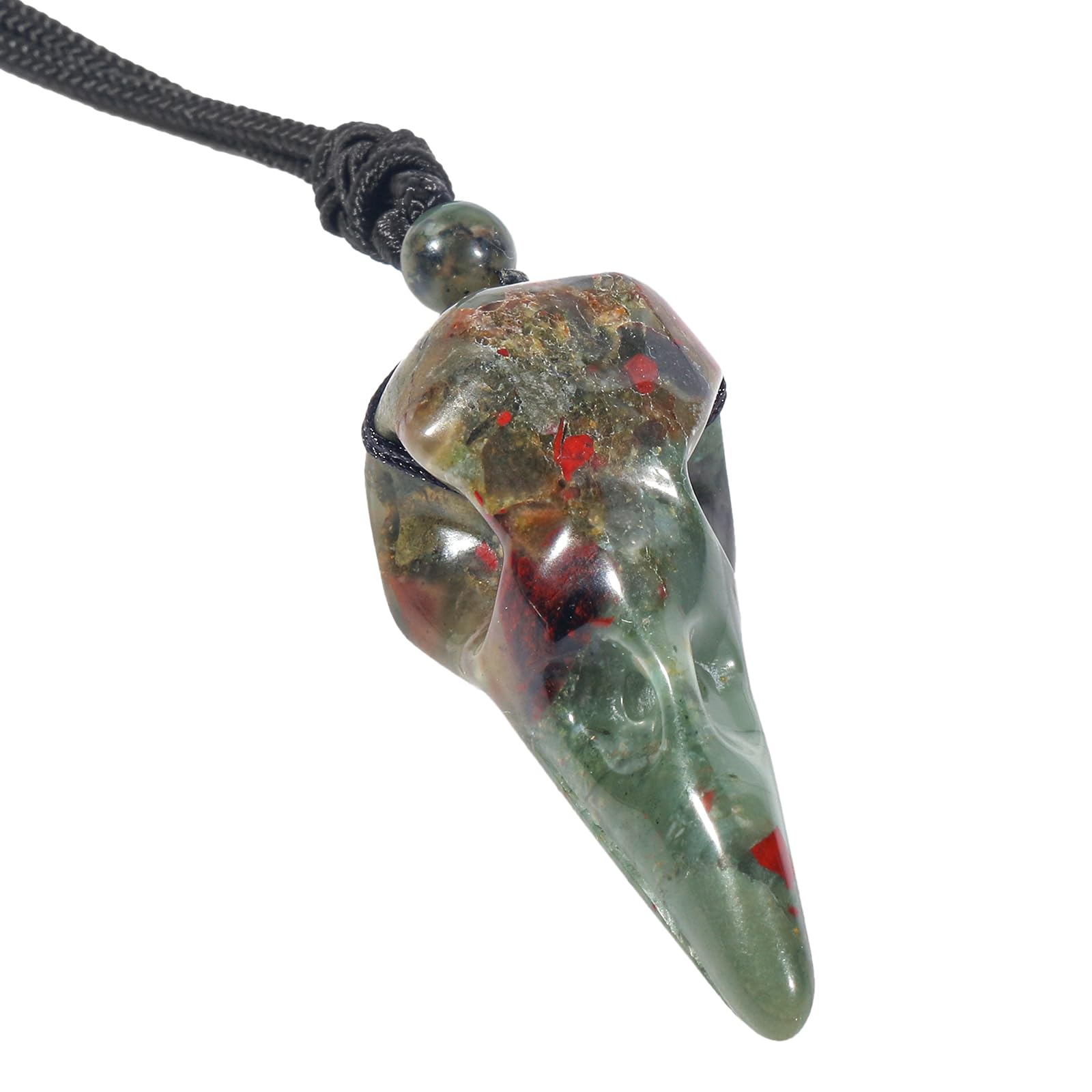 Lovionus89 Natural Crystal Stone Raven Skull Pendant Necklace Hand Carved Crow Head Charm with Adjustable Cord