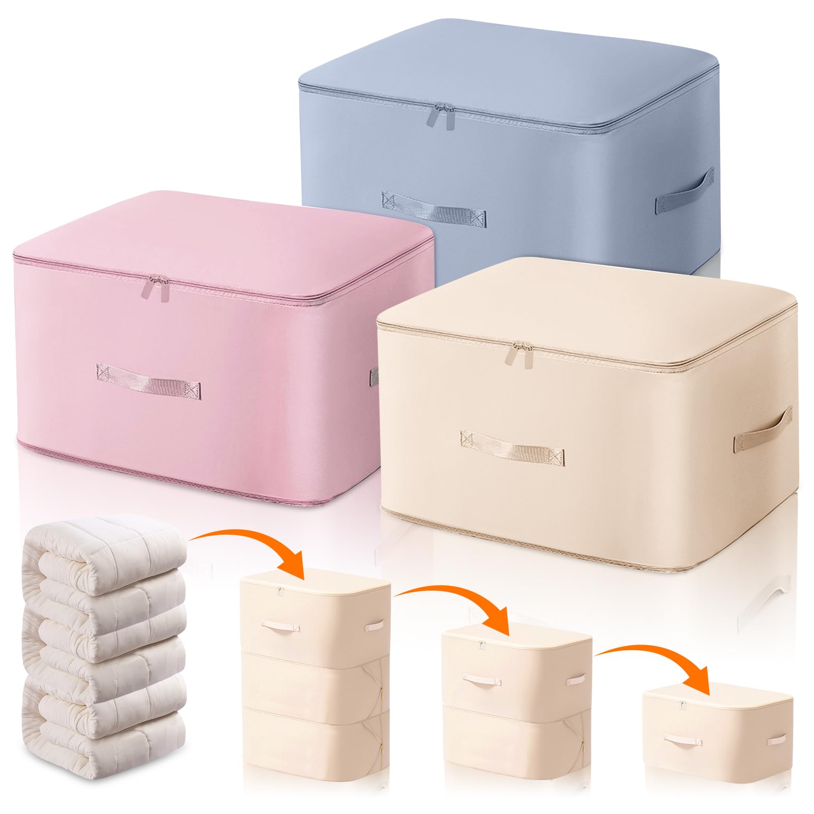 3 Pcs Large Space Saving Self Compression Storage Bag, Duvet Storage Bag, Storage Bags with Handles & 3-layer zipper, Large Capacity Clothes Boxes for Bedding, Clothes, Duvets, Pillows (L 52x42x60cm)