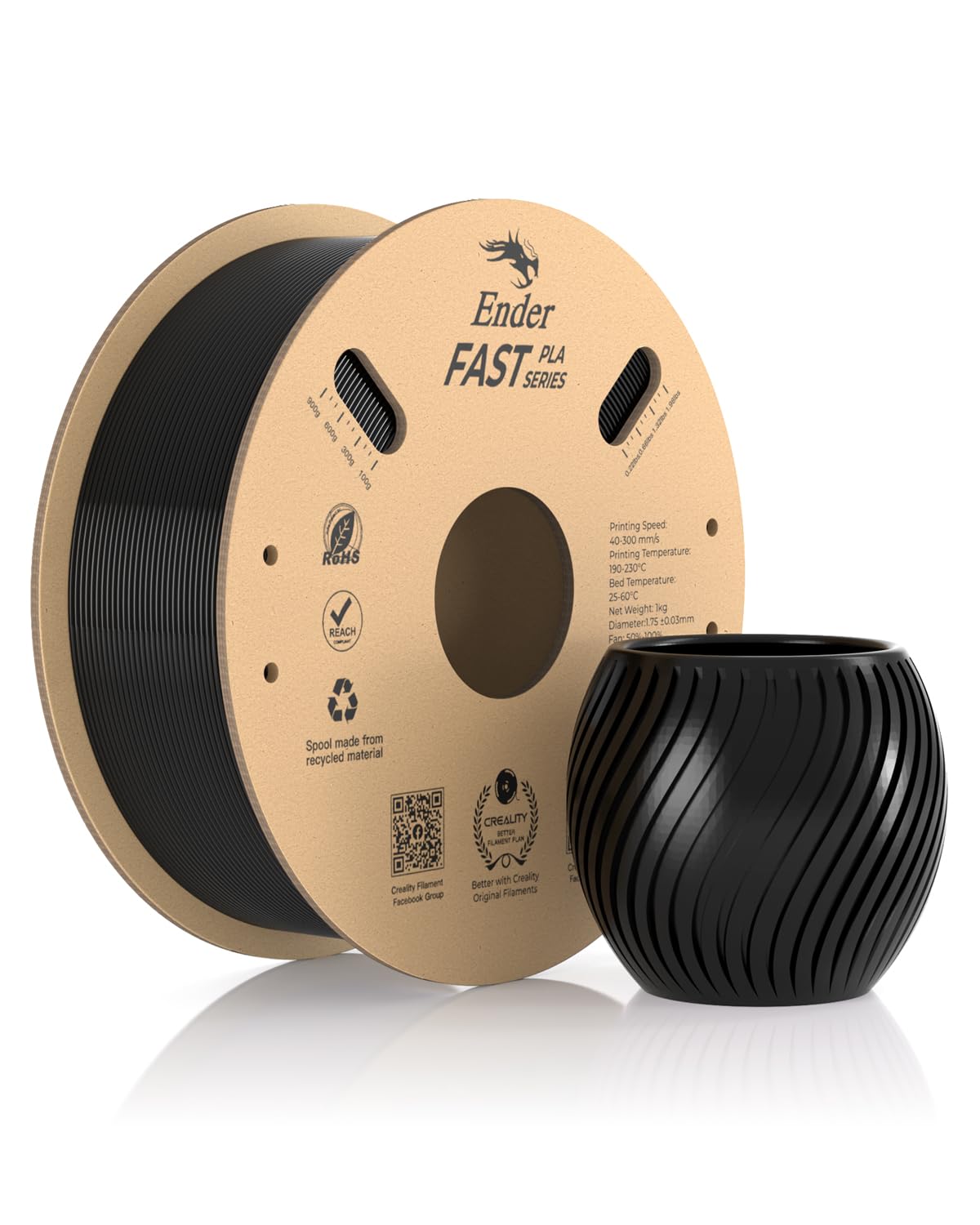 CrealityEnder Fast PLA Filament 1.75mm, 3D Printer Filament High Speed up to 300mm/s, Recyclable Cardboard Spool, Fit Most FDM 3D Printers - 1kg (2.2lb) Black