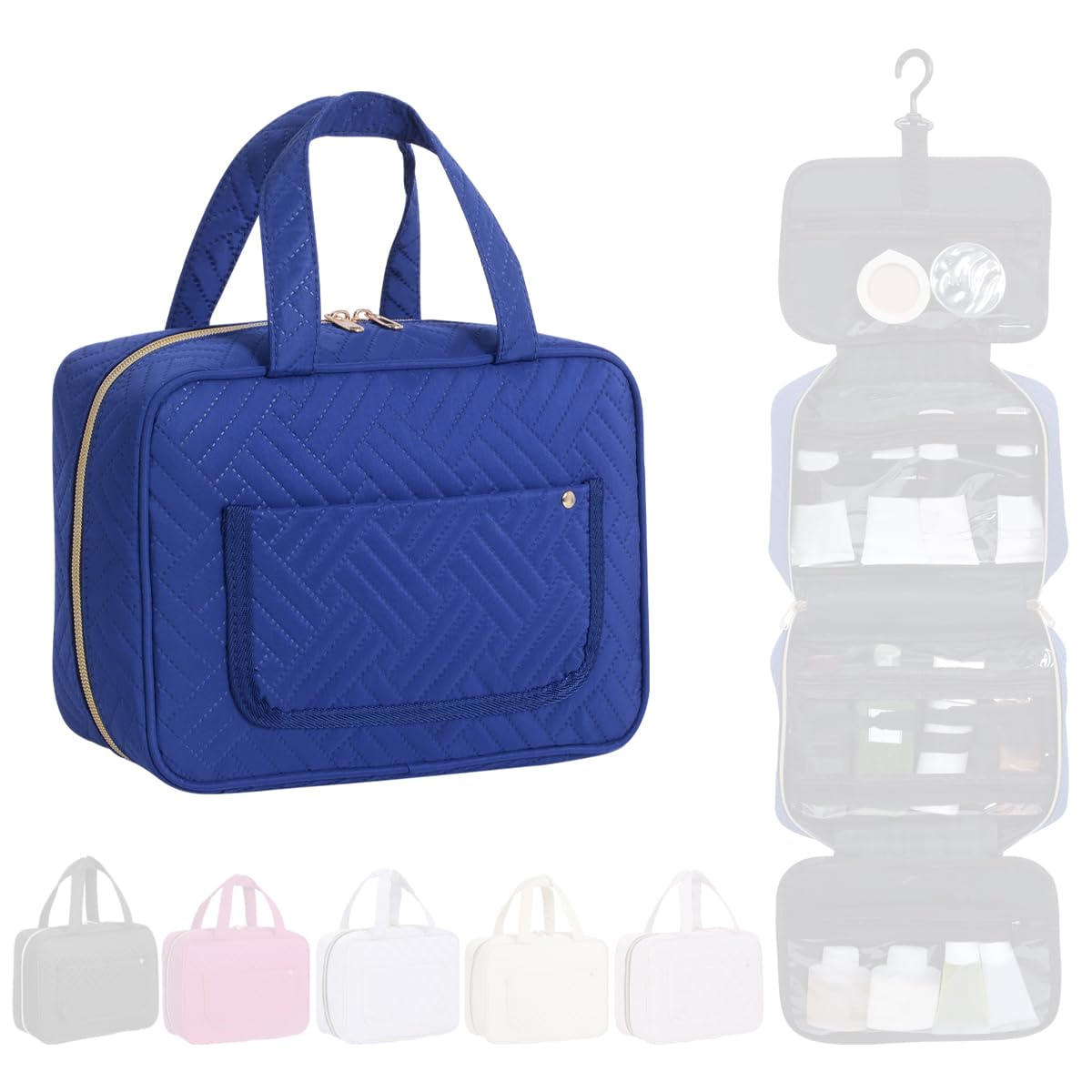 Neceser colgante para mujer, neceser cosmético, bolsa de viaje, color azul | Con ganchos, múltiples compartimentos, almacenamiento transparente para accesorios de maquillaje, viajes, gimnasio, natación