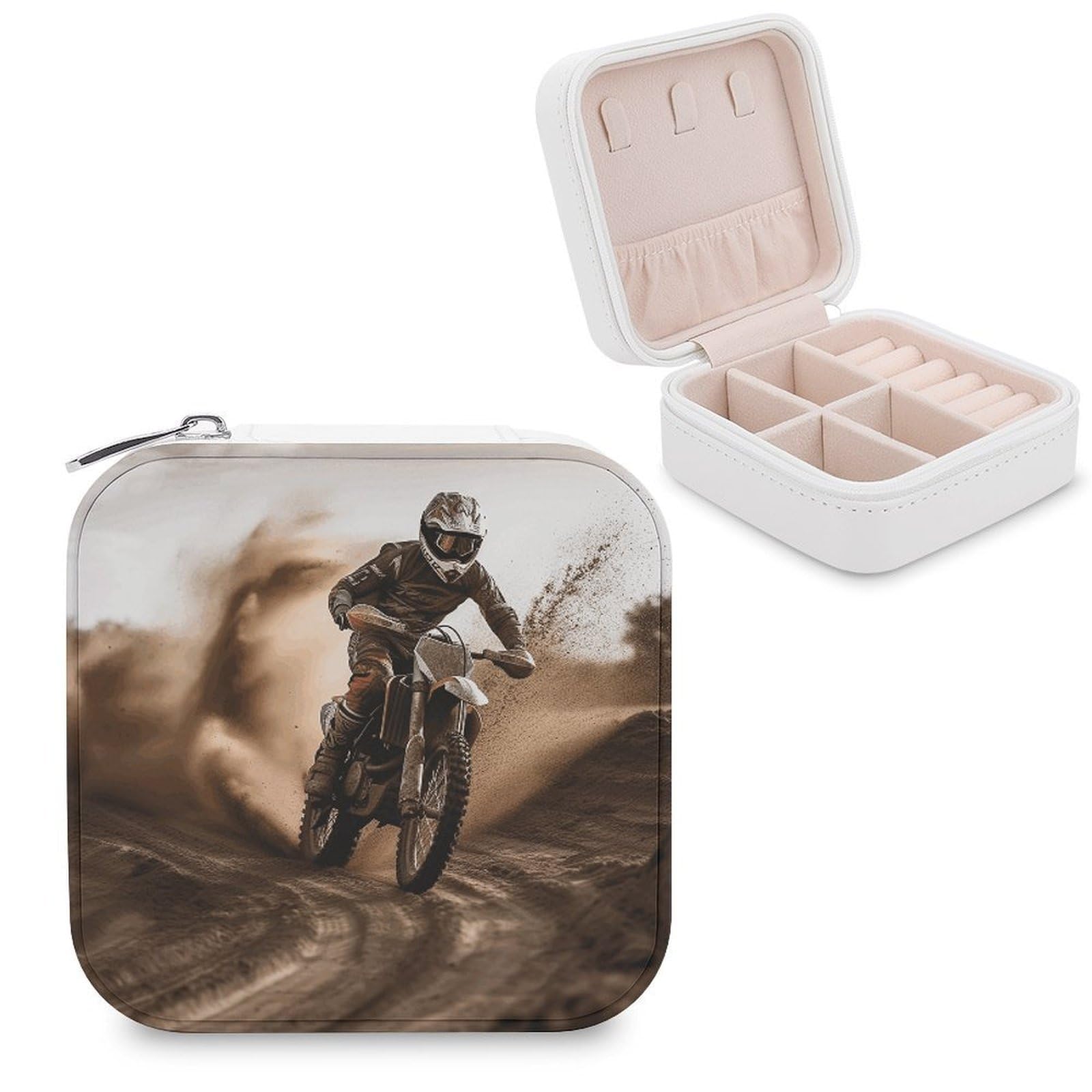 VstaDank Motocross Jewelry Box for Women Jewelry Organizer Storage Case with Zipper Mini Travel Jewelry Case Cute Trinket Organizer Leather Portable Jewelry Storage Box