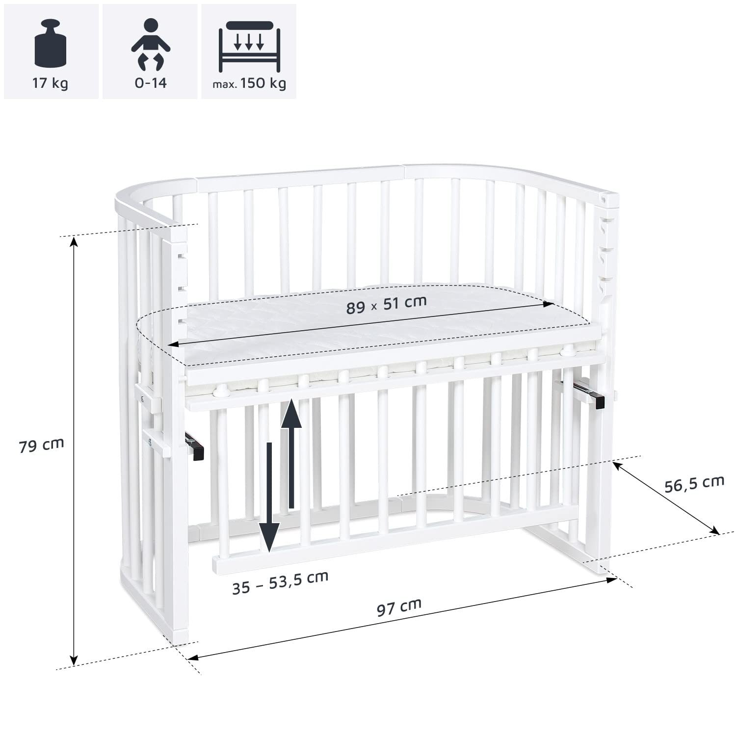 babybay Maxi Comfort Plus Beistellbett, weiß lackiert mit Matratze Classic Cotton Soft