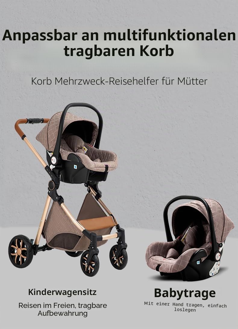 YAZOCO kinderwagen 3 in 1, Zusammenklappbar kinderwagen mit Wickeltasche,Komplettset Becherhalter,Moskitonetz, Fußabdeckung,Sitzzubehör (4 grau)