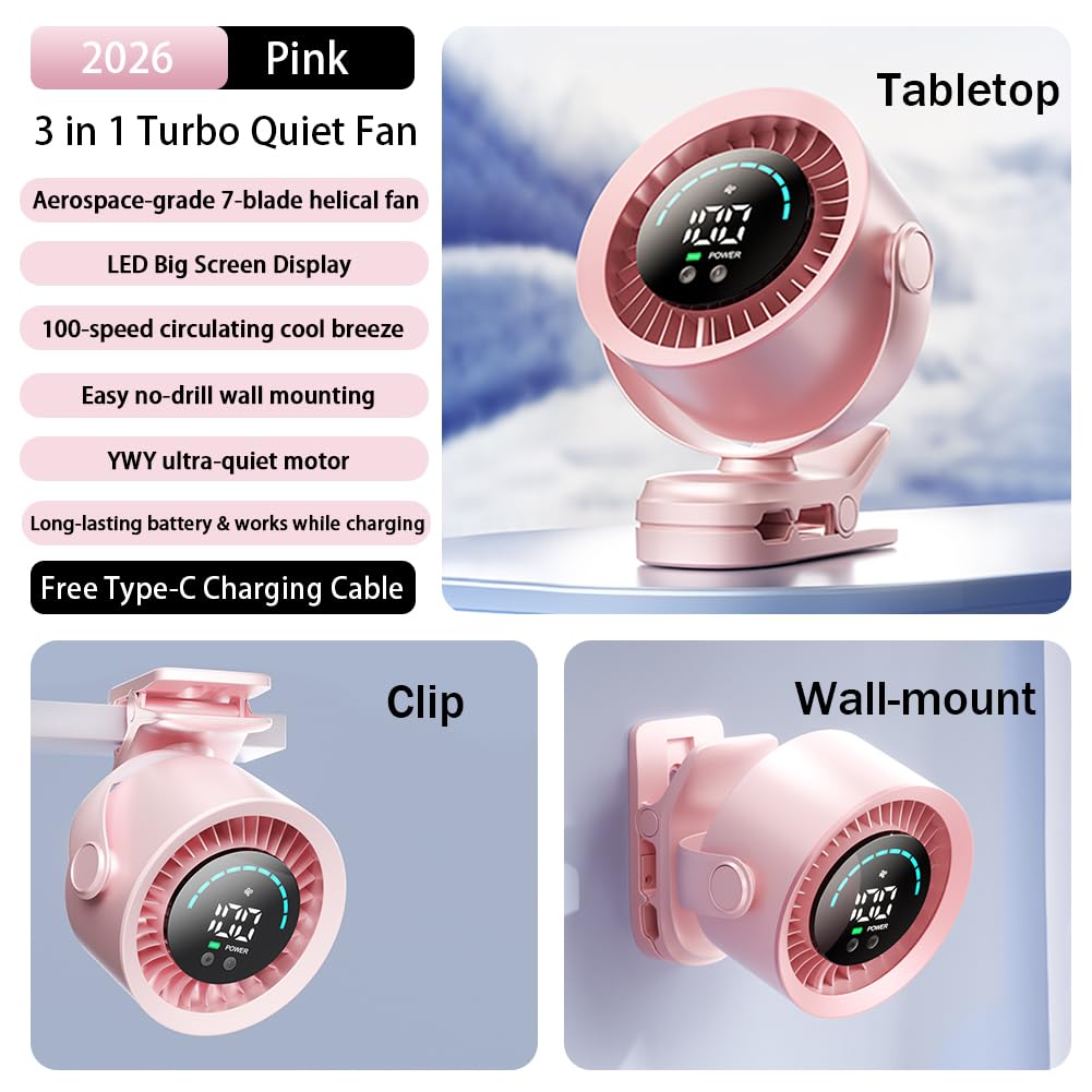 Ventilatore per passeggino ultra silenzioso 2026, 100 velocità, 5 modalità, display a LED, girevole a 360°, con gancio, per campeggio e carrozzina, ventilatore portatile da scrivania per