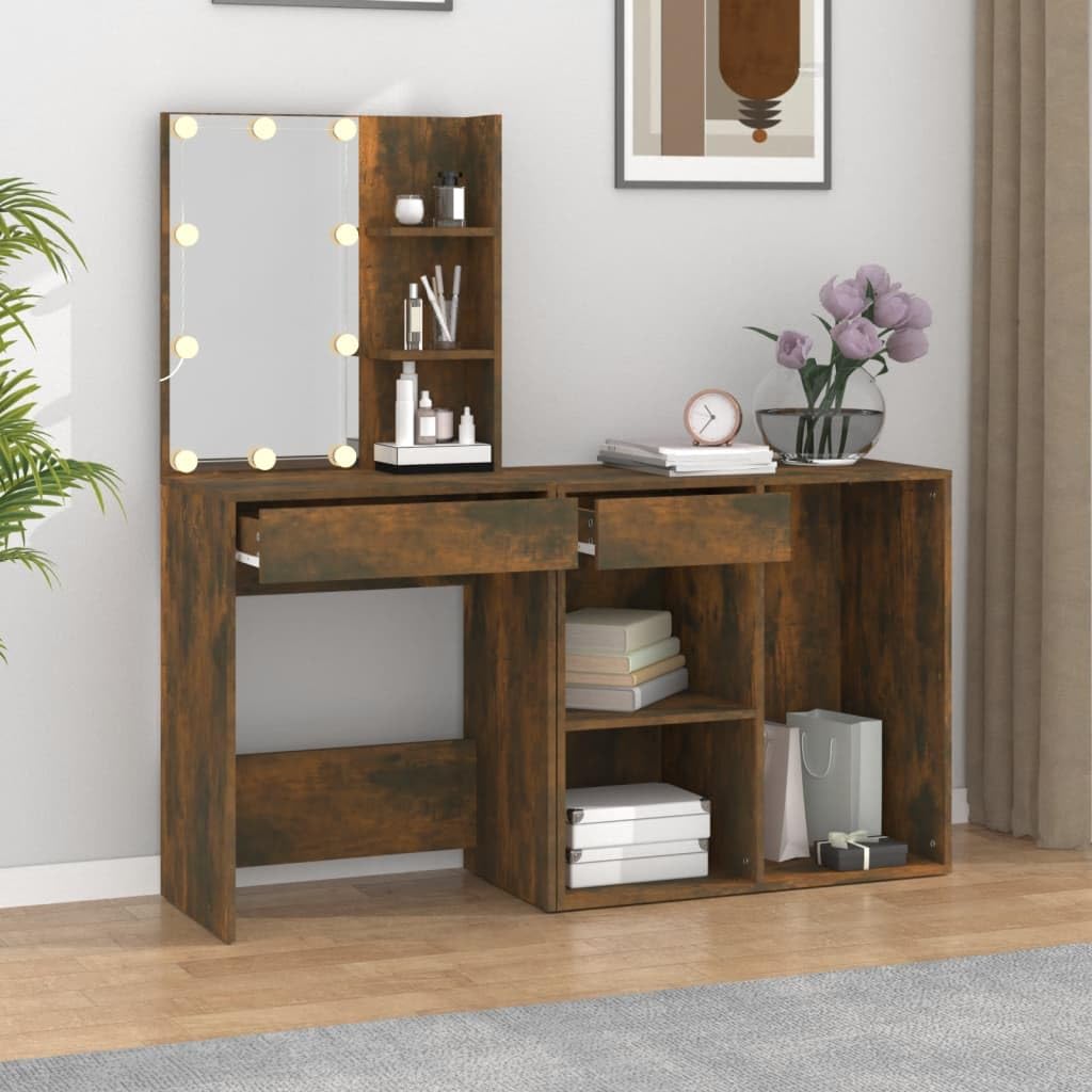 LED-Schminktisch Mit Schrank Räuchereiche Holzwerkstoff | Mit Spiegel, LED-Leuchten USB Anschluss, Warm- Kaltweiß, Stauraum für Make-up