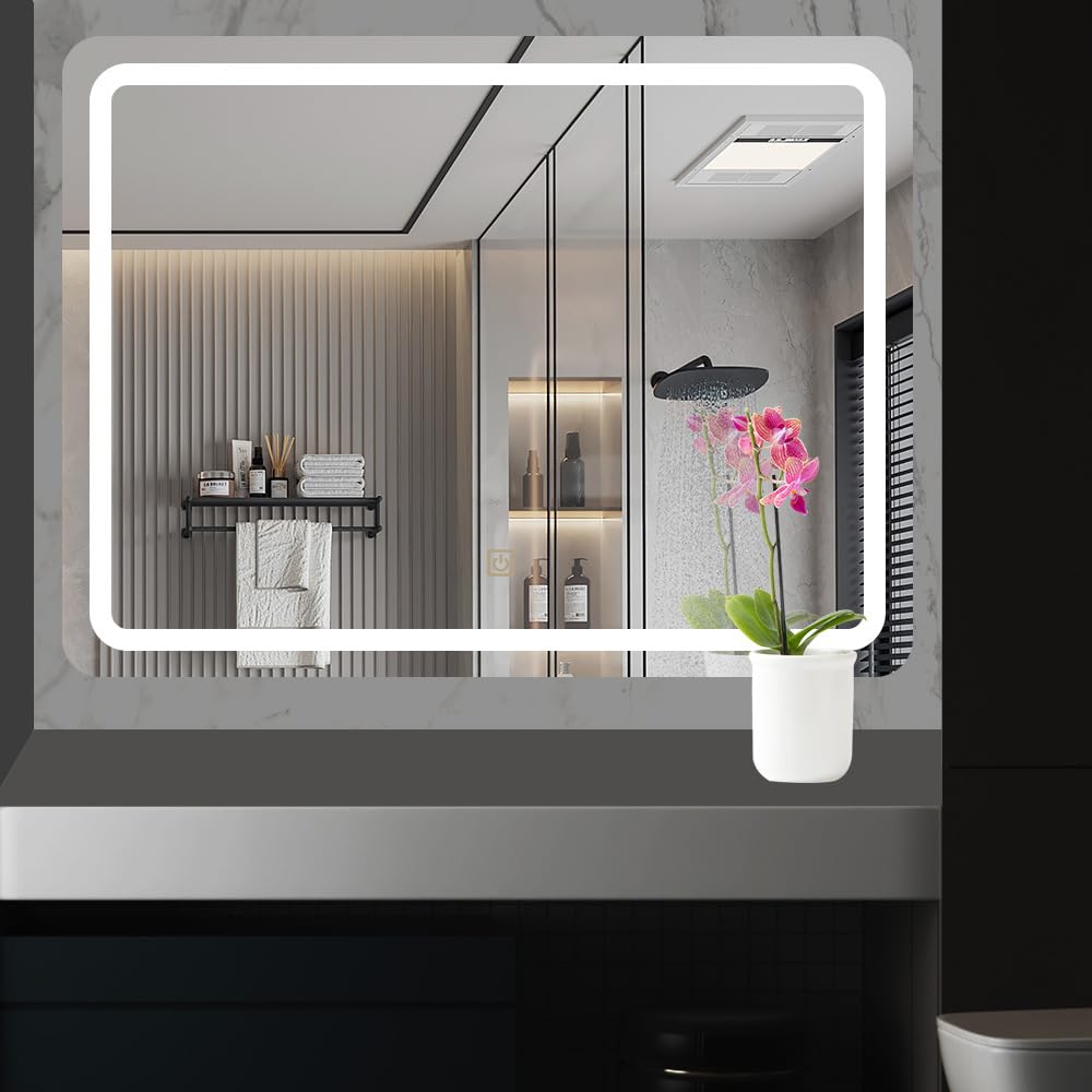 Lustro łazienkowe LED ze światłami, kwadratowe, bezramowe lustro LED do montażu na ścianie w łazience, inteligentne lustro kosmetyczne LED, możliwość przyciemniania (60x80cm)