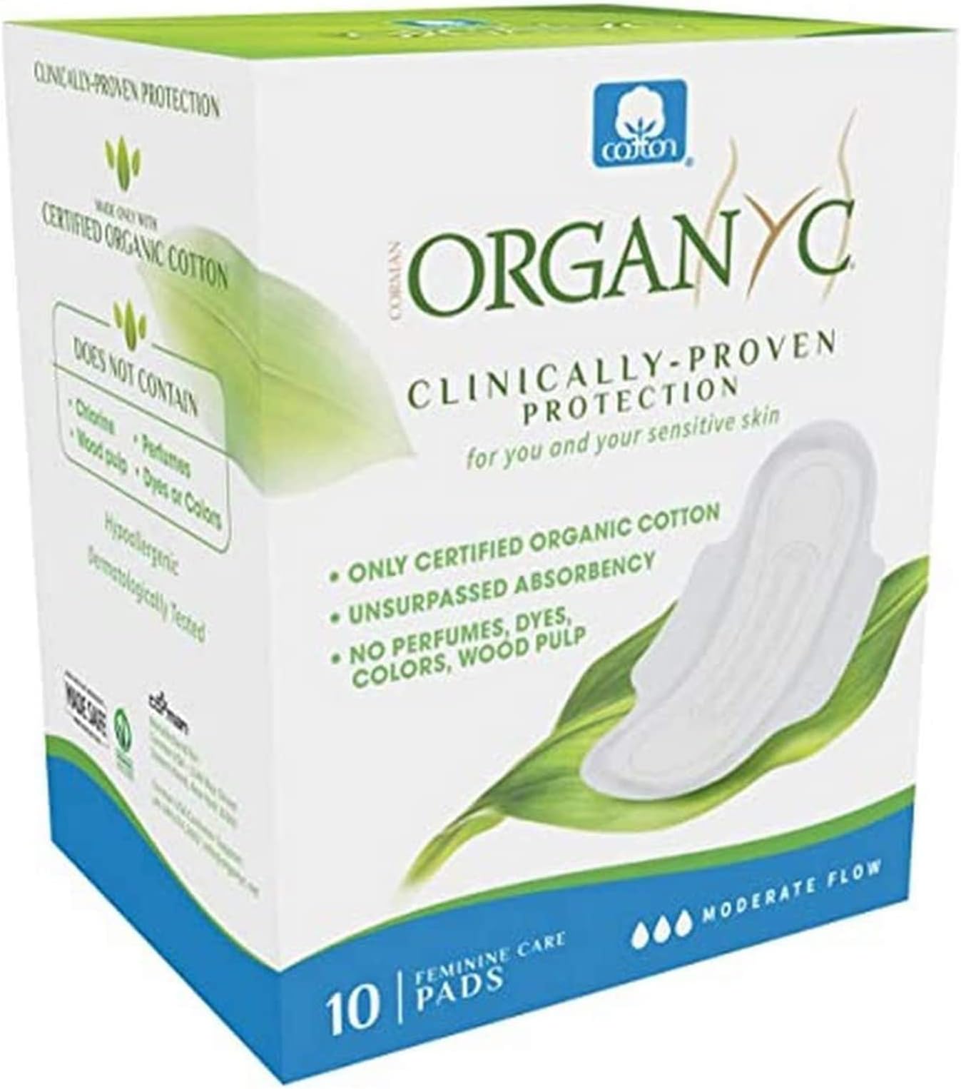 Organyc 100% Certified Organic Cotton Feminine Pads, Moderate Flow, 10 Count
