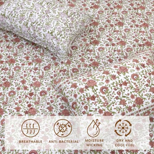 Image of TOAI Hand Block Printed Bedsheet | Bed Spread Flatsheet Bed Sheet | Pure Cotton | Queen Size 90 inchx108 inch | 210 TC Luxury Cotton | 2 Reversible Pillow Covers |Rust Flower Spread