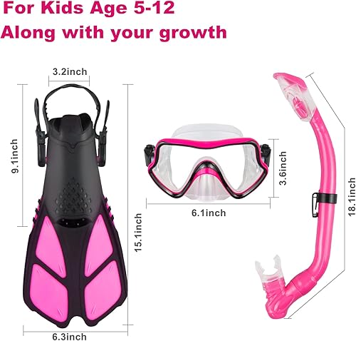 Miniatura 5 de Juego de esnórquel para niños Aletas ajustables + máscara de esnórquel panorámica + tubo de esnórquel seco + bolsas de viaje Adecuado para niños y