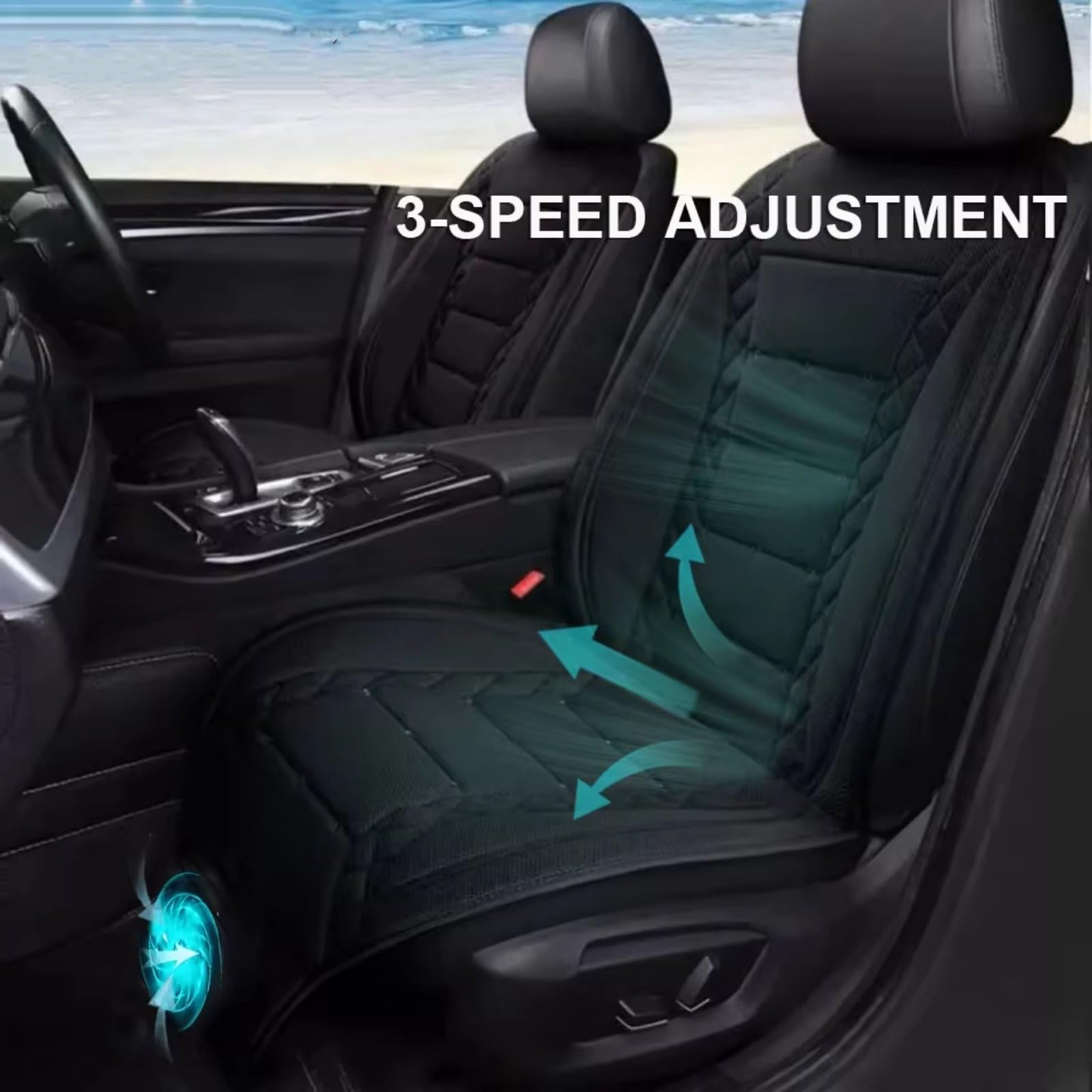 Cojín Universal Asiento Coche Funda Asiento Aire Fresco Verano con Carga USB 12V/24V Transpirable Ventilador Ajuste 3 Velocidas Funda Asiento(Black with Fan)