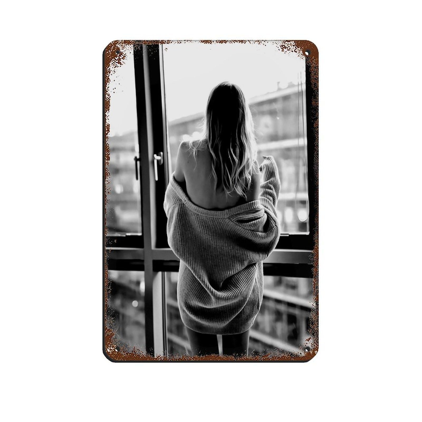 Woman in Window, Feminist Poster Retro Poster Metal Tin Sign Chic Art Retro Iron Painting Bar People Cave Cafe Family Garage Poster Wall Decoration 8x12inch(20x30cm)
