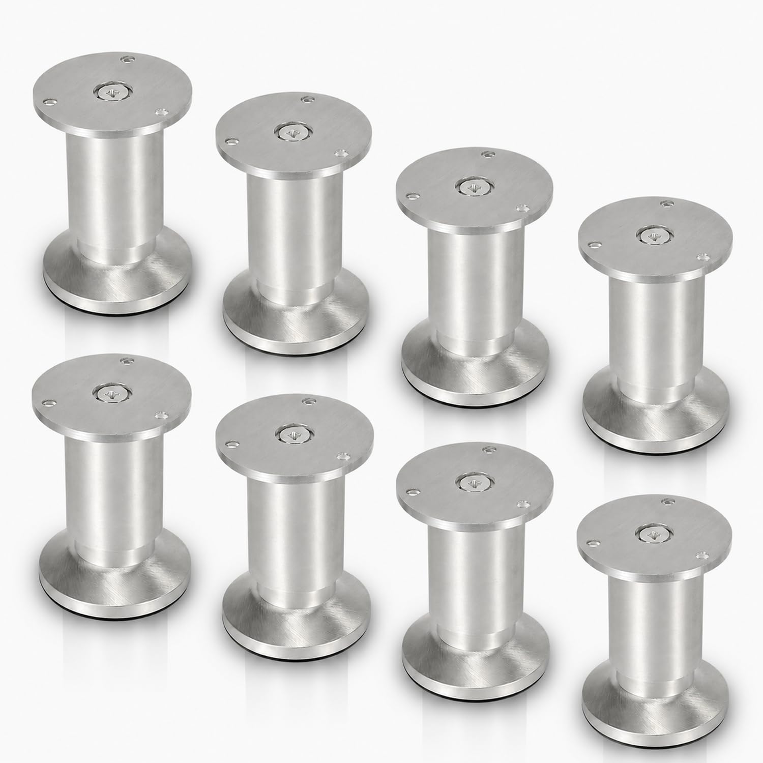 Stopy meblowe ze stopu aluminium, 8 sztuk, 10 cm, srebrne, obciążenie do 200-300 kg | Aluminiowe nóżki meblowe, 6-20 cm, srebrny wygląd metalu, na sofę, szafę, komodę i majsterkowanie.