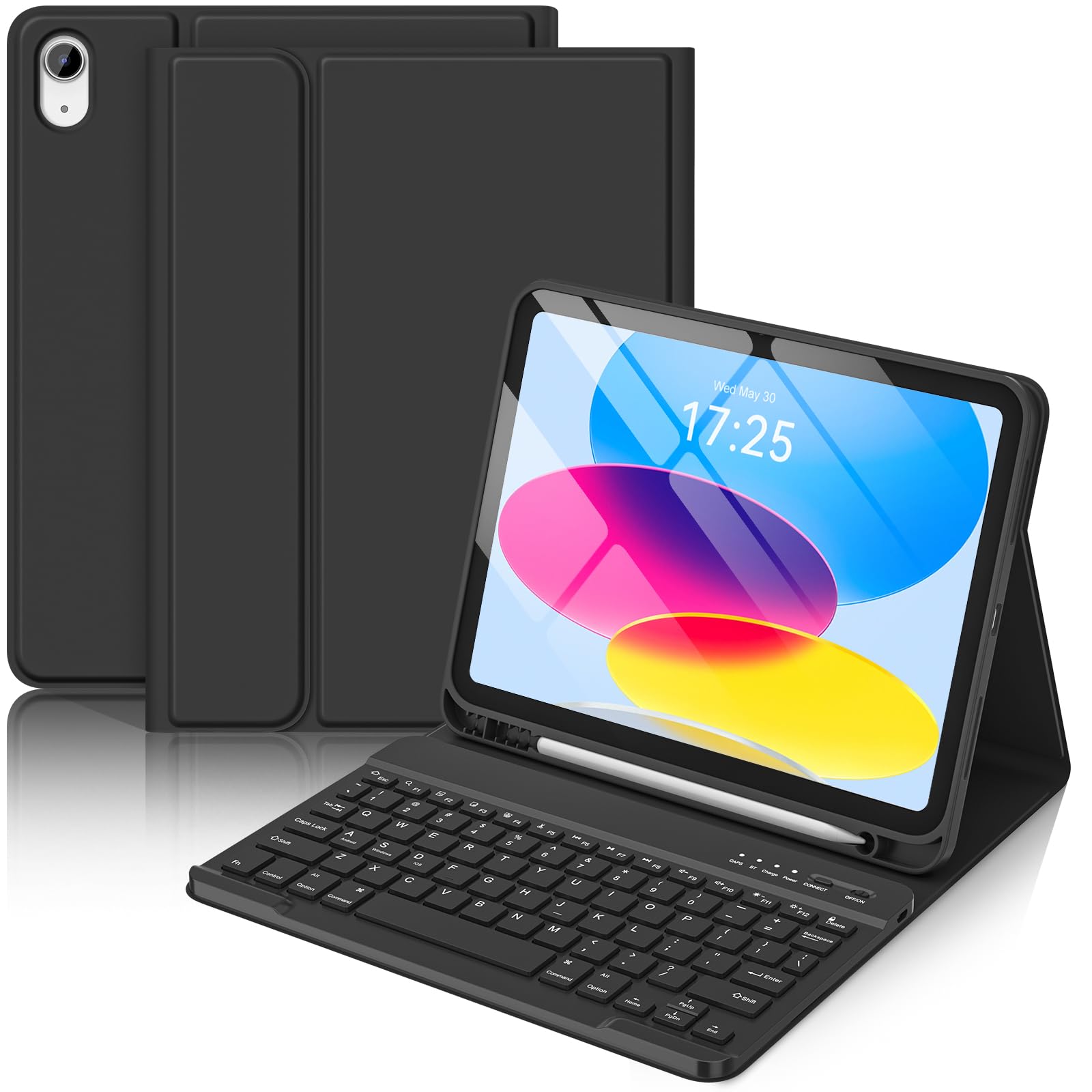 BQSS for iPad A16 11th 10th Generation Case with Keyboard (2025/2022), Slim Lightweight Auto Wake/Sleep, Detachable Wireless Bluetooth Keyboard with Pencil Holder for iPad 11/10.9 inch (Black)