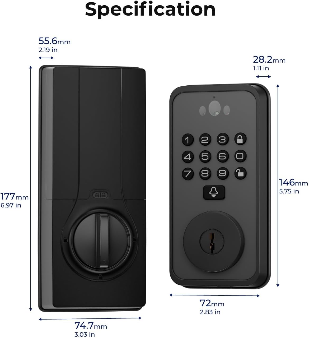 Smart Door Lock with Face & Palm Vein Recognition, Ultra-Wide Peephole Video Doorbell, Keep-Alive WiFi, Tuya App Control, Keyless Entry with Rechargeable Battery for Front Door