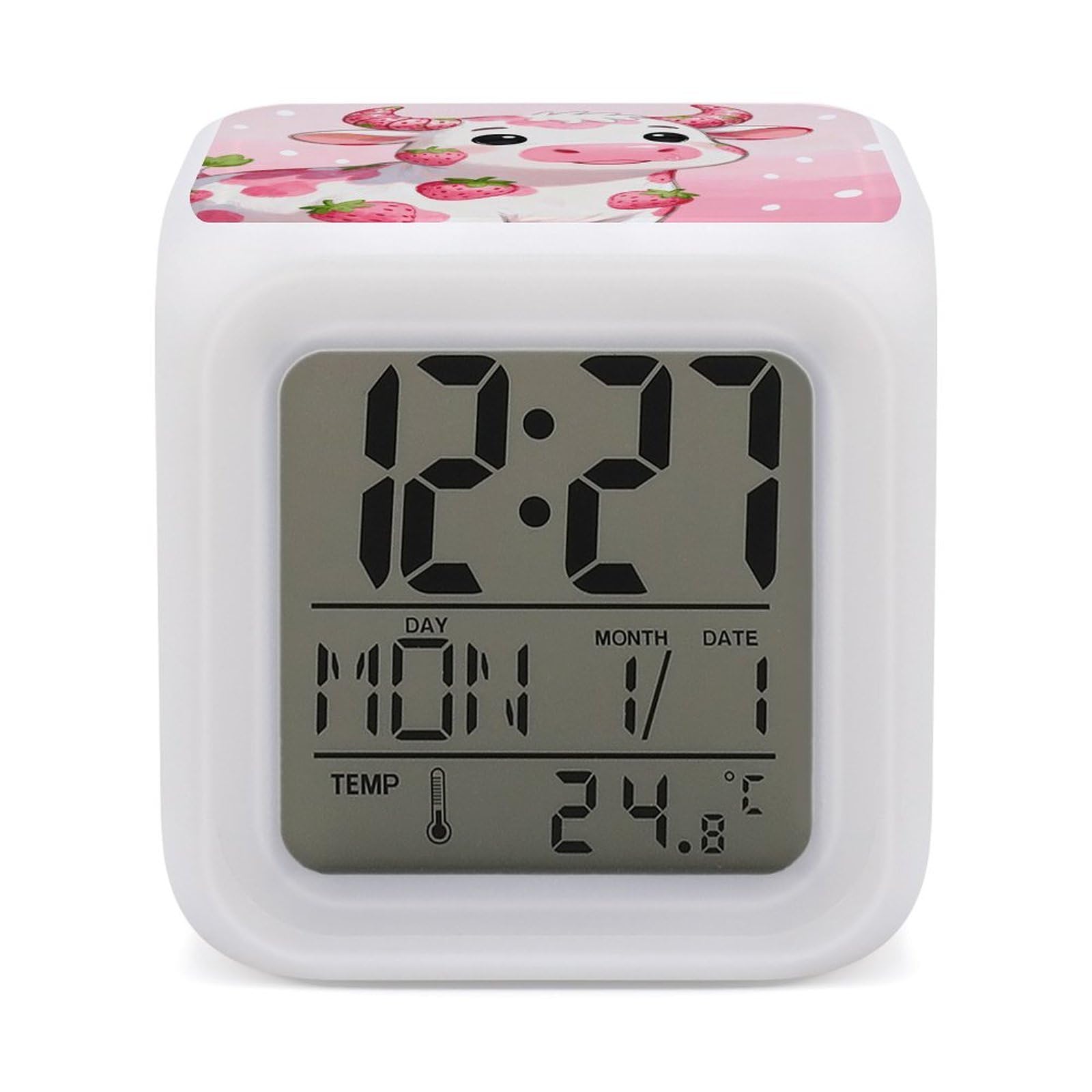 VstaDank Strawberry-Flavored Cute Cow Alarm Clock Alarm Clock with 7 Color Changing Digital Clocks for Bedrooms Sleep Training Clocks with Large Display for Office Kitchen Living Room
