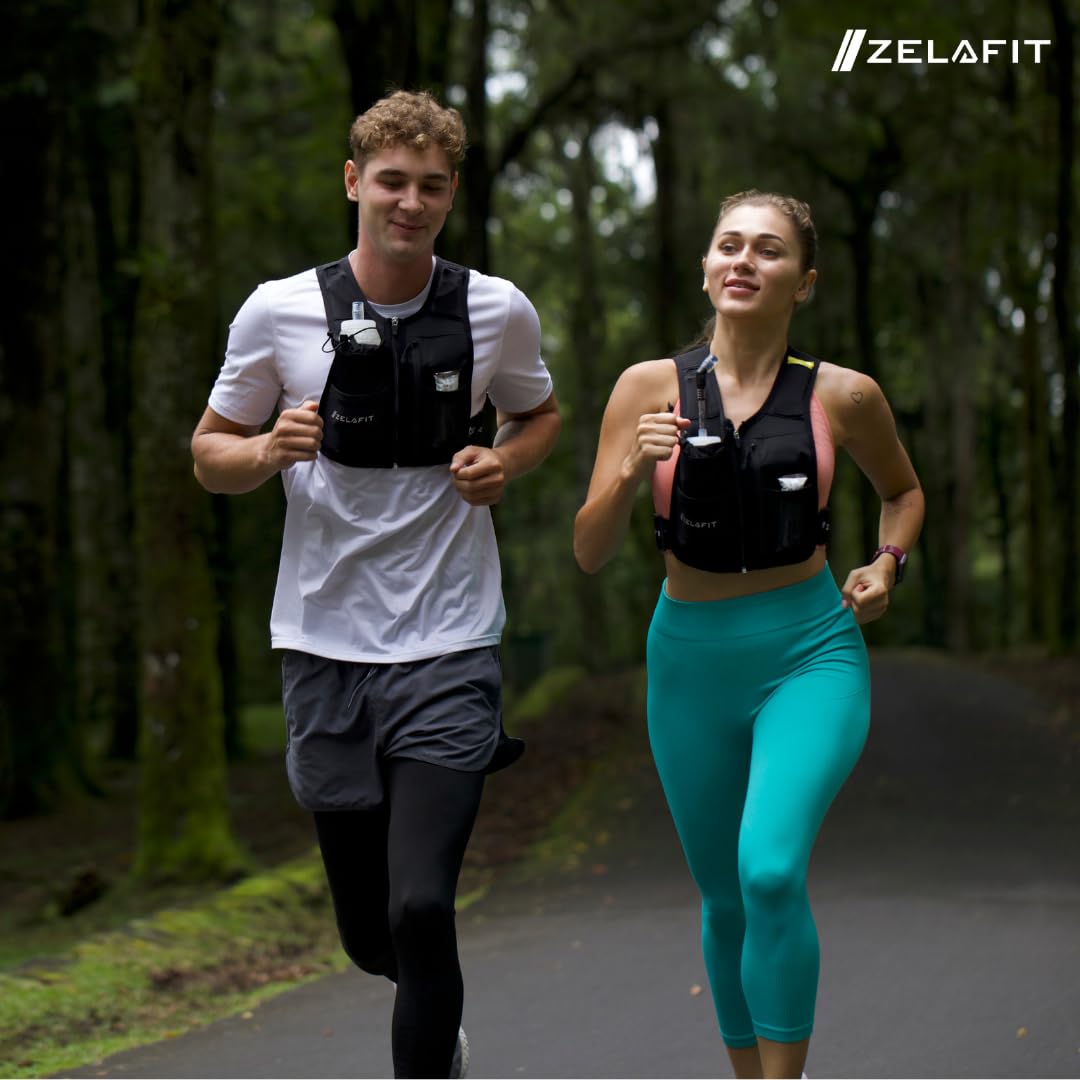 ZelaFit® Running Vest with Rechargeable Leds & Micro USB Charging Cables, Water Bottle and Straw - Reflective Hydration Vest with 8 Pockets - Running Backpack Alternative in 2 Sizes - Men & Women