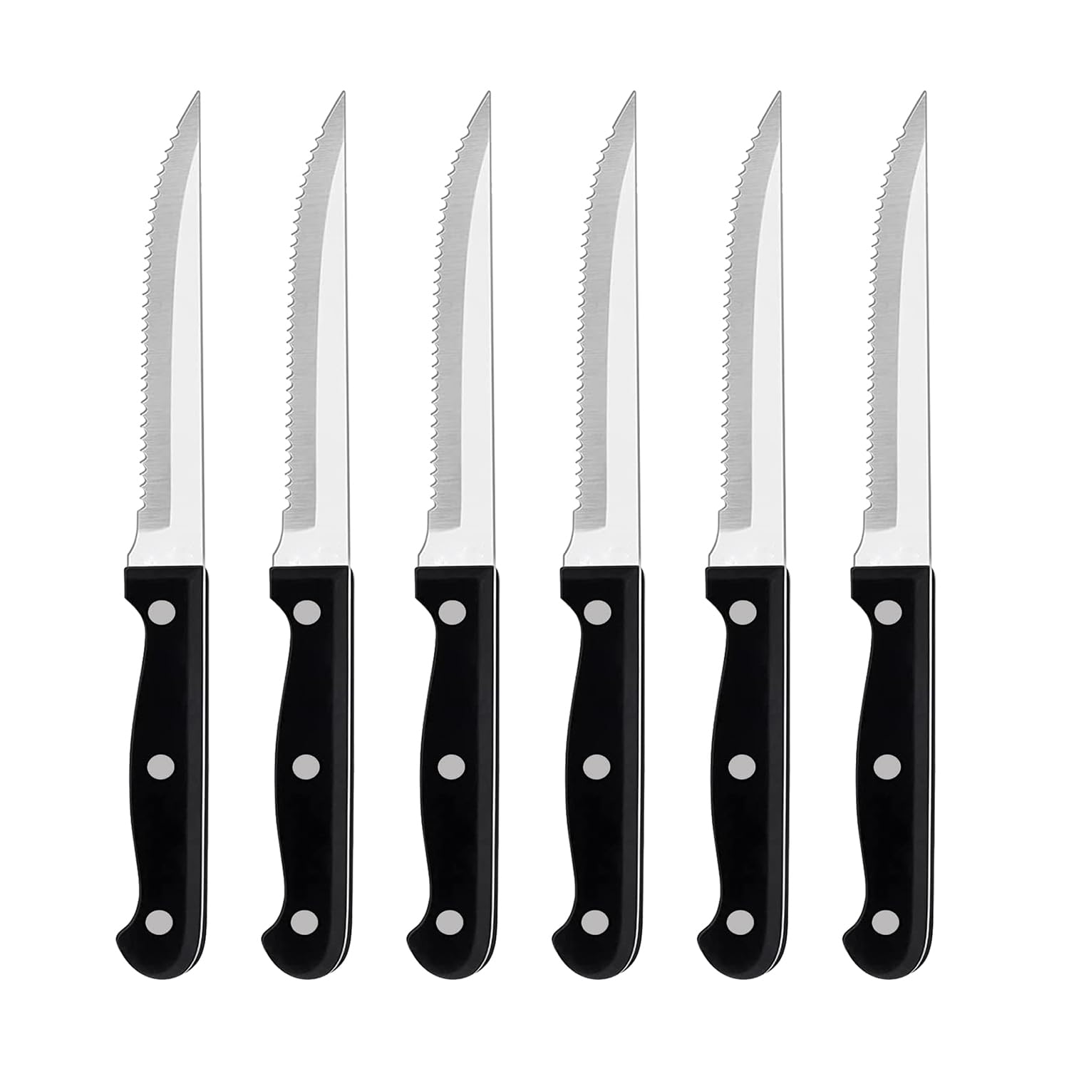 AEX Steak Knives Set of 6 – Stainless Steel Serrated Kitchen Knife Set for Meat with Full Tang and Comfortable Handle – Sharp Cutlery for Home Dining and BBQ Use