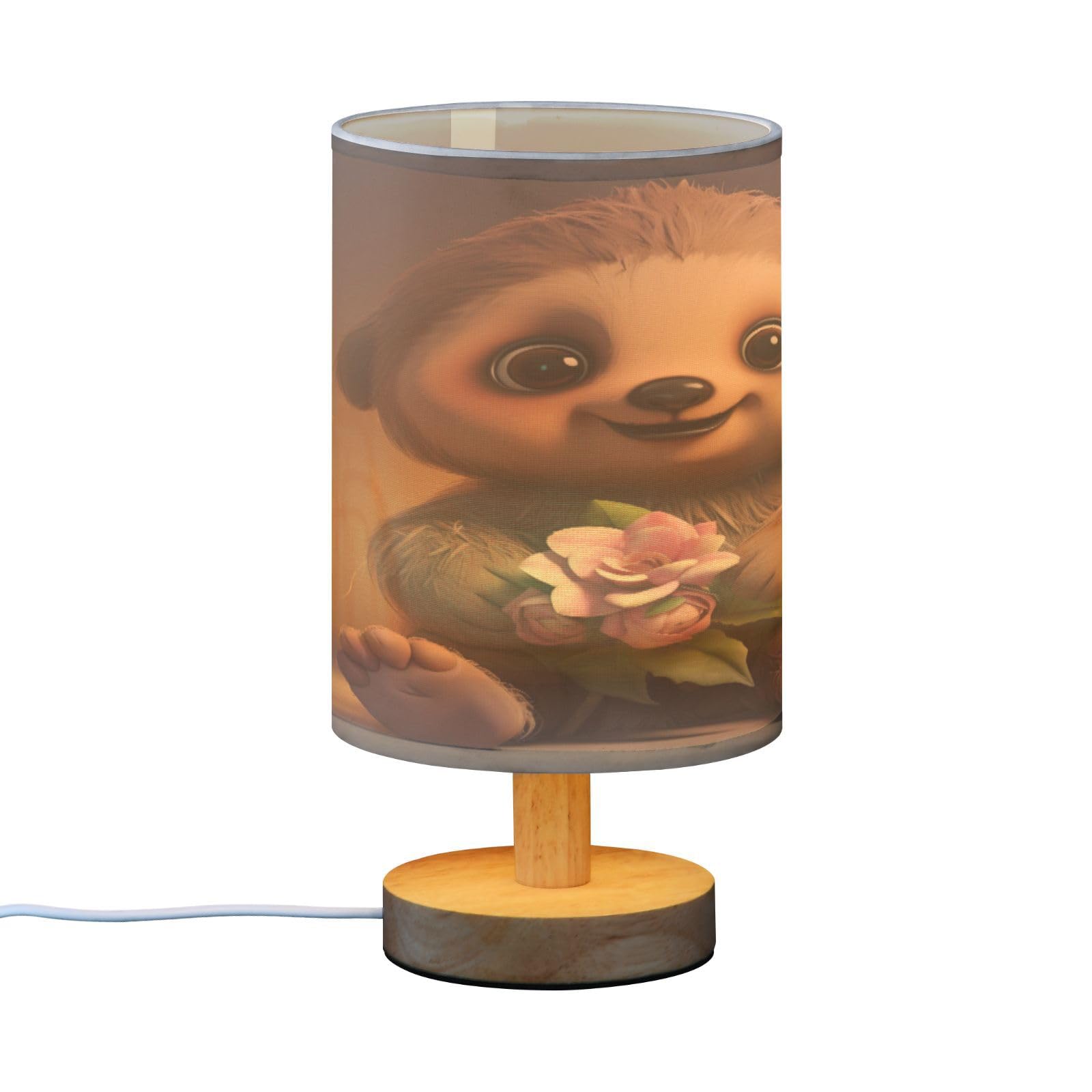 SDMKA Cute Cartoon Sloth Bedside Table Lamp for Bedroom, Minimalist Nightstand Lamp with Round Fabric Shade for Living Room, Office, No Bulb Required