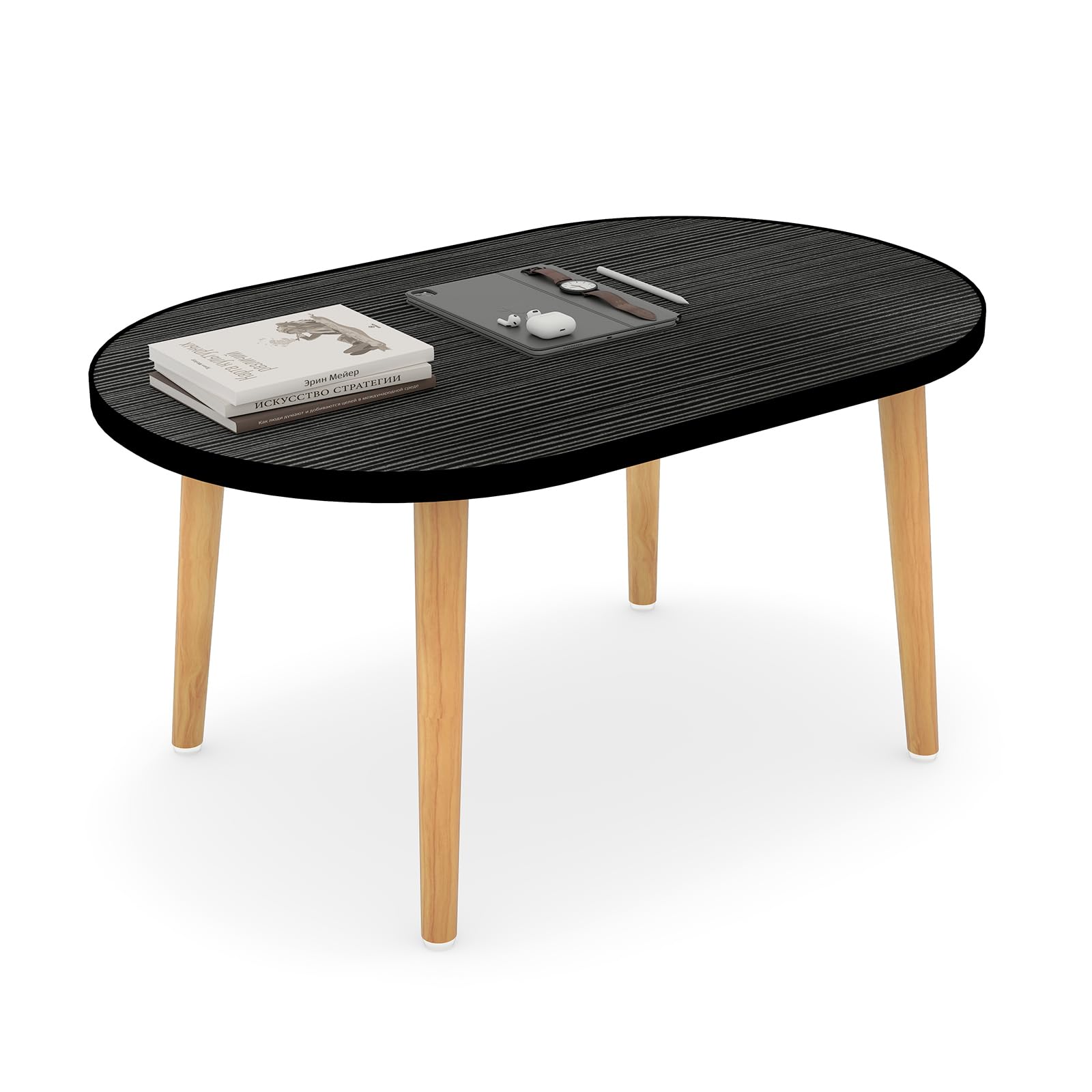 Oval Coffee Table Low Table with 4 Solid Wood Sturdy Legs, Floor Table Desk for Sitting on The Floor, Storage and Living Room Furniture (Black)