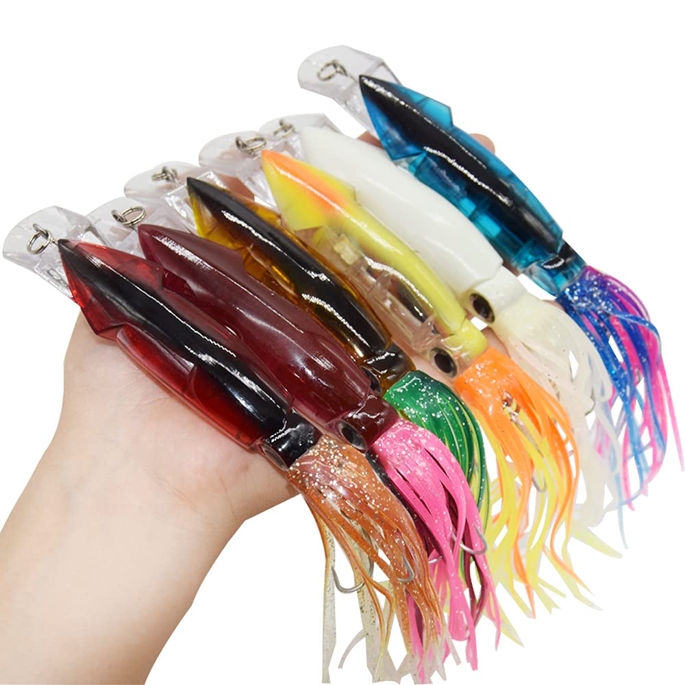 6pcs 24cm/40g Large Simulation Squid Lures Baits Set Fishing Hard/Soft Luminous Lures with 3D Holographic Eyes, 2 Sharp Treble Hooks, Multicolored and Inside Lead Blocks