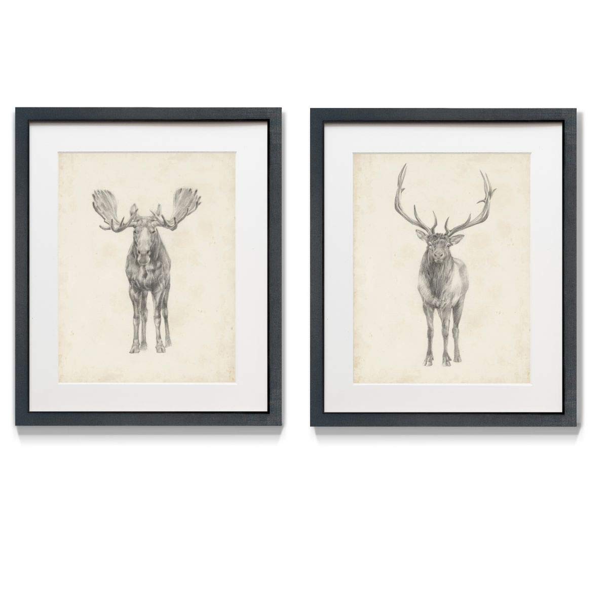 Renditions Gallery Moose & Deer Sketch 2 Piece Framed Artwork Set, Wildlife, Hunting, Camp Decor, Game Wall Art, Black Matte Frame, White Mat, Plexiglass, 16 in W X 20 in H, Made in America