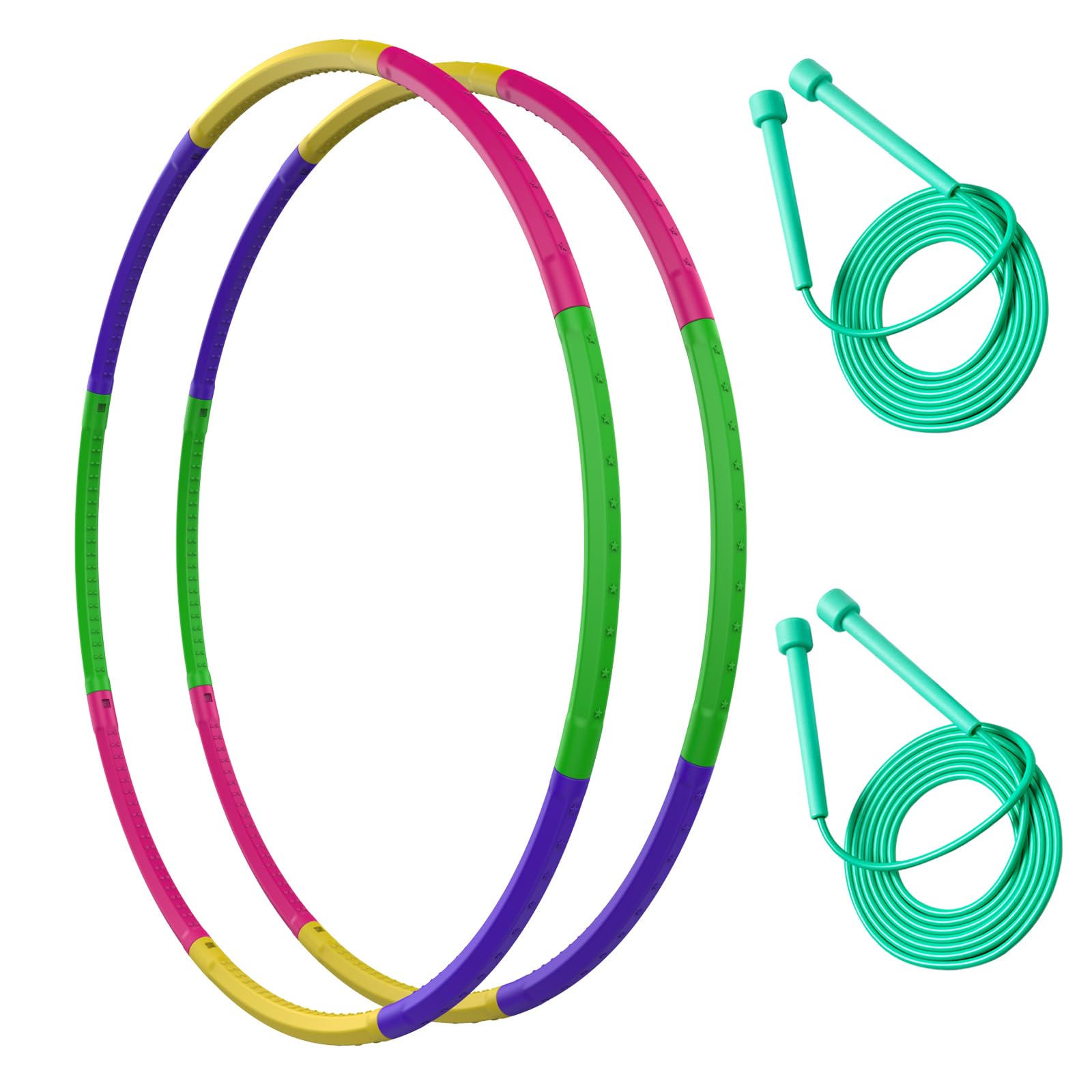 WEOKLL 2 Pack Toy Color Hoop and Jump Rope for Kids,Detachable & Size Adjustable Plastic Colourful Exercise Hoop for Boys and Girls Party Games, Gymnastics, Dog Agility Equipment, Christmas Wreath.