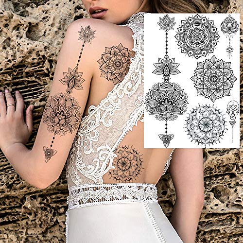 6 Sheets Fanrui Indian Tribal Black Temporary Tattoos For Women, Large Waterproof Lace Lotus Tattoos Mandala Flower Fake Jewelry Pendant, Butterfly Sleeve Tattoo For Adults Stickers Kit Wedding Dreamcatcher Feather #TOP1