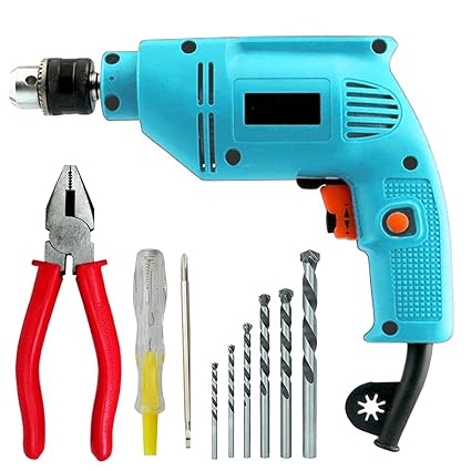 MLD RE-10RF 10 mm Drill machine Reversible, 300 watts, 2600 rpm With 5 pcs Drill Bit Set, Plier,Tester (Size 10 mm,Color-Multi, Material-Metal and Plastic)