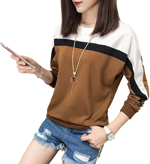 Amazon Sibky Tシャツ カットソー 長袖 配色 切替え シンプル レディース スウェット プルオーバー ブラウン ２ｘｌ Tシャツ カットソー 通販
