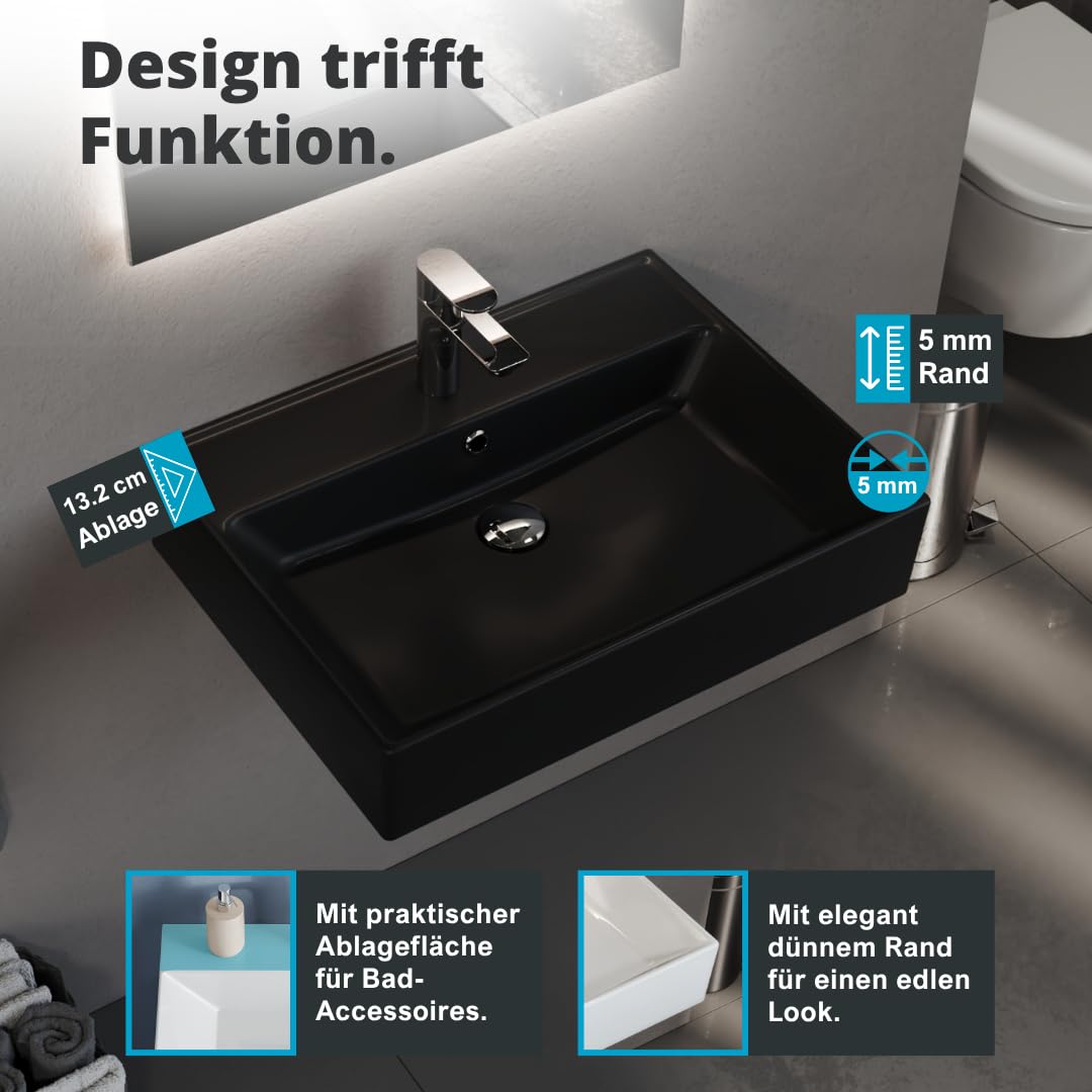 Aqua Bagno Waschbecken Schwarz Matt 60 cm, Keramik Aufsatzwaschbecken fürs Bad, rechteckiger Waschtisch mit Hahnloch, Waschplatz, modernes Waschbecken zur Wandmontage, für Badezimmer und Gäste WC