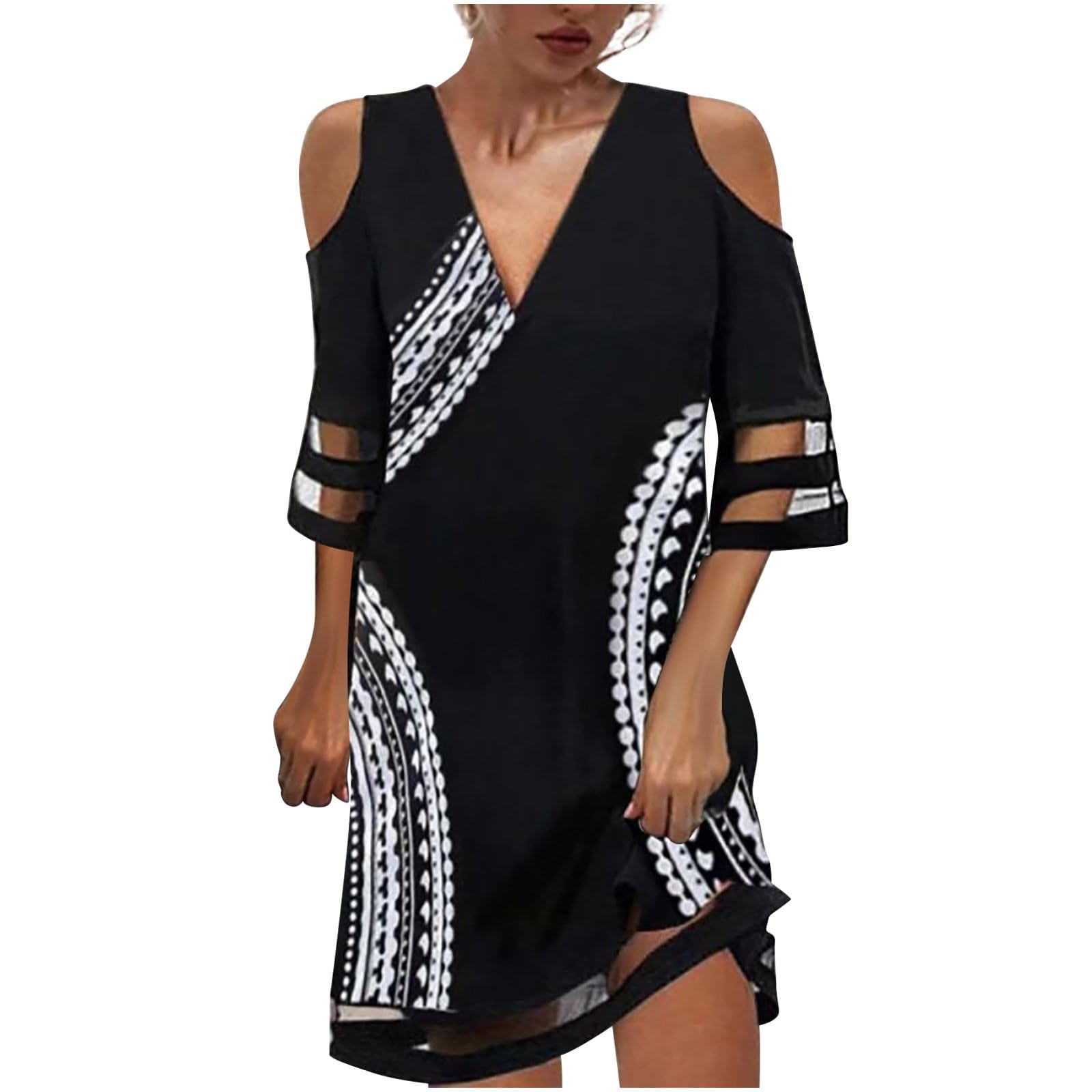 T Shirts Dress for Women Trendy 2023 Cold Shoulder Half Sleeve Pullover V Neck Lace Fashion Summer Flowy Mini Dresses