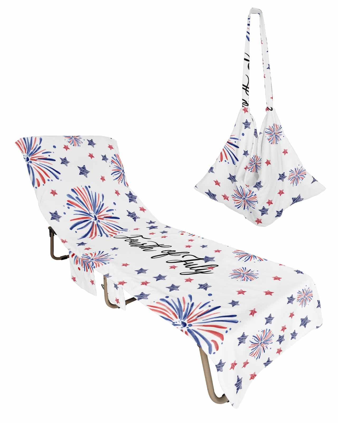 4th of July Beach Lounge Chair Towel Cover, Soft Chaise Lounge Towel with Side Pockets Patio Pool Chairs Cover for Beach/Pool Sunbathing 29x85 Blue Red Star Fireworks Independence Day