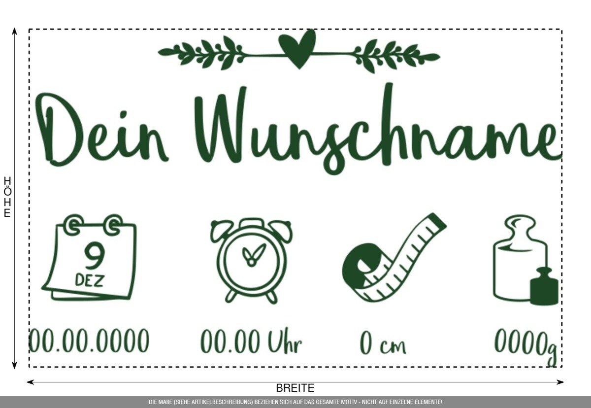 Aufkleber » Baby Steckbrief, 150x95,3cm, Metallic Laubgrün Dekoaufkleber/Autoaufkleber/Sticker/Decal/Vinyl