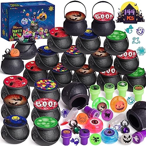 FUN LITTLE TOYS 24 Pack Prefilled Mini Plastic Witch Cauldron, Trick or Treat Toys in Bulk Small Halloween Buckets Prizes Gifts for Kids