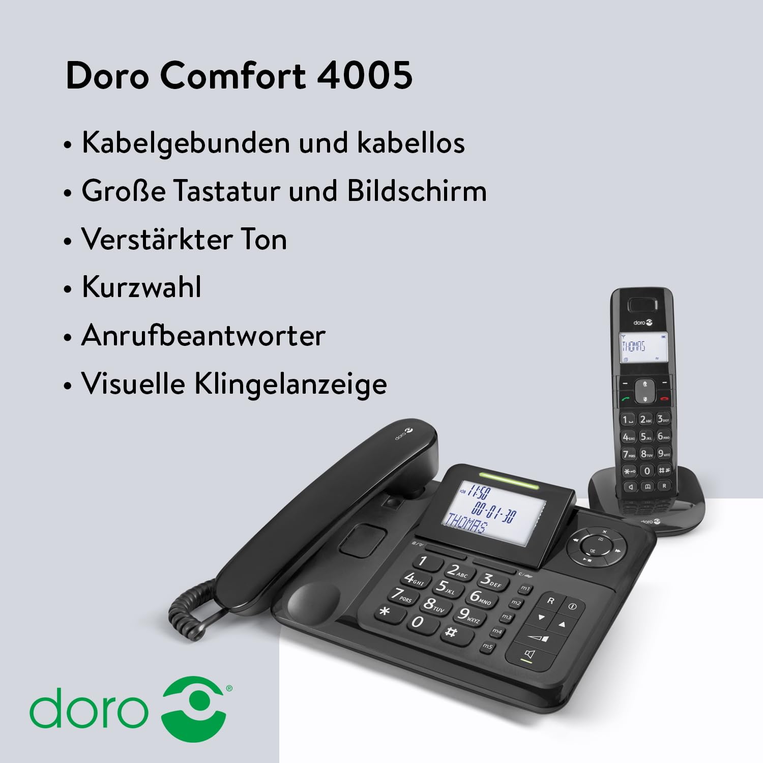 DORO - Doro Comfort 4005 - Schnurgebundenes Festnetztelefon + Schnurloses DECT-Telefon mit AB - Hintegrundbeleuchtetes Display - LED-Anzeige - Tastatur mit großen Tasten - Audioverstärker - Schwarz