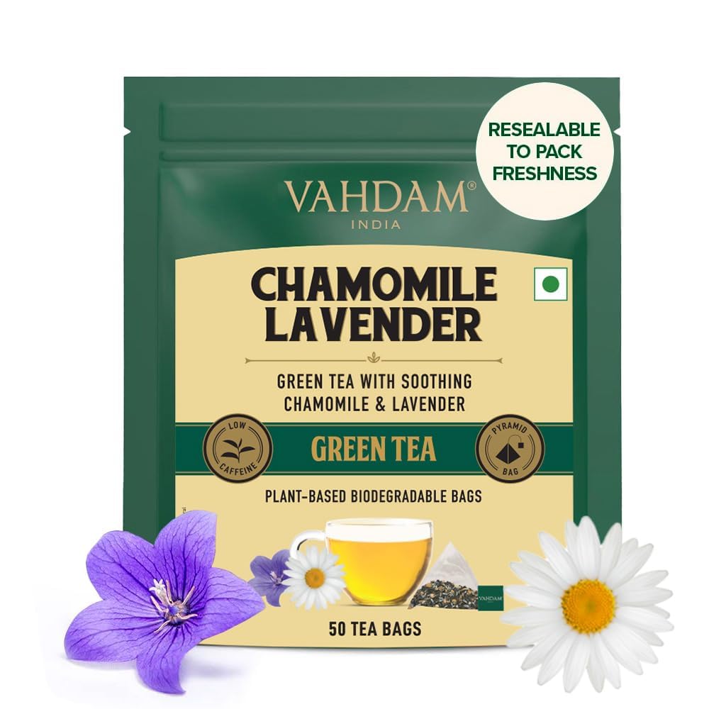 VAHDAM, Chamomile Lavender Green Tea (50 Pyramid Tea Bags) Low Caffeine, Non GMO & Gluten Free | Whole Loose Leaf Tea Bags | Resealable Ziplock Pouch