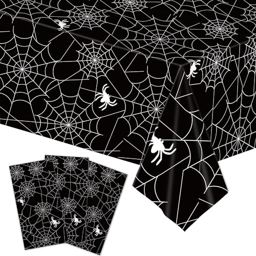 Image of 3-Piece 54 x 108 Inch Halloween Spider Web Plastic Tablecloth - Black and White Cobweb with Spiders Patterns, Disposable Rectangle Table Cover for Birthday Dining Table Cover Indoor Outdoor Decoration