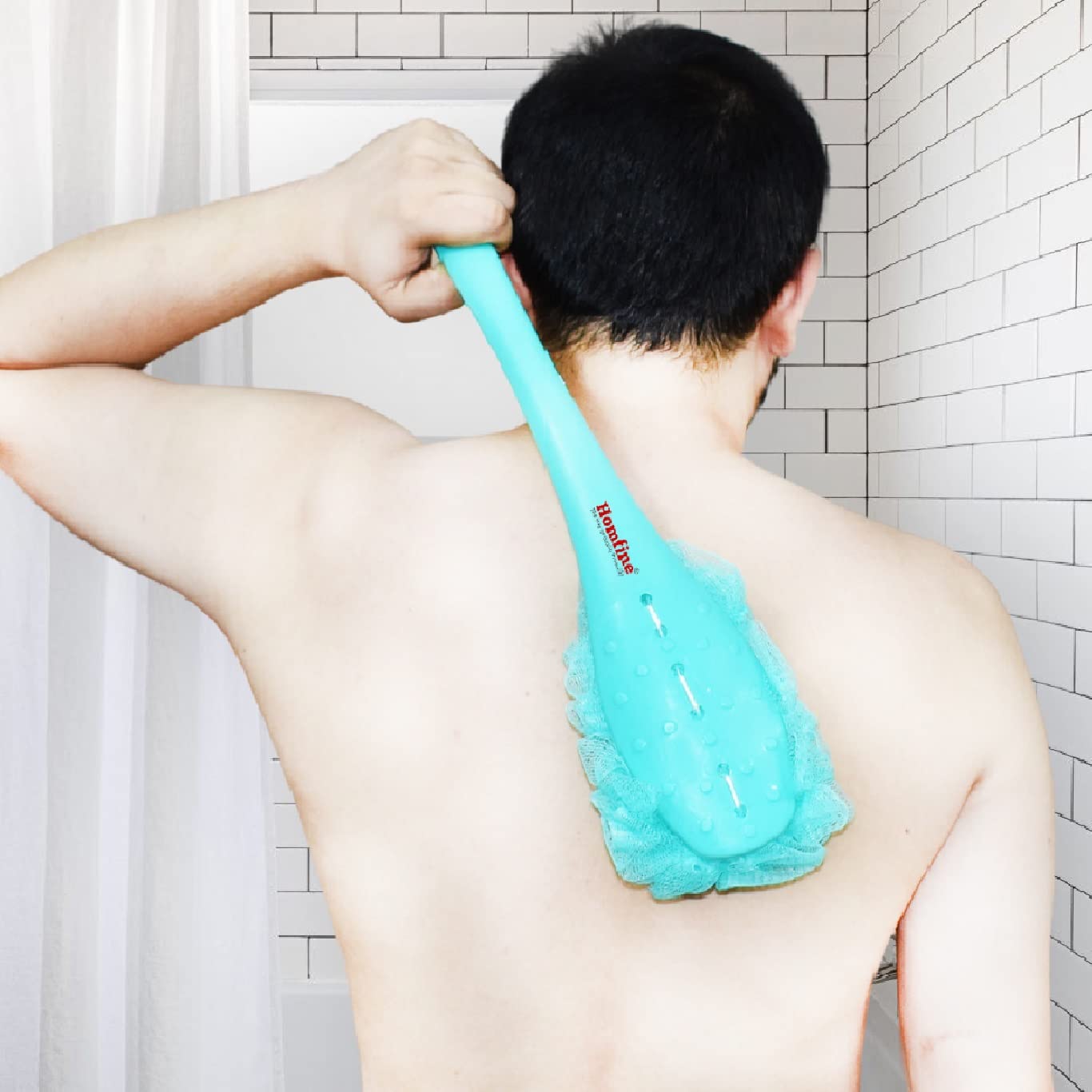 Homfine Bath Loofah Sponge Brush with Long Handle for Shower Back Massage Rubbing Cleaning (1U, Aqua Green)-image-5